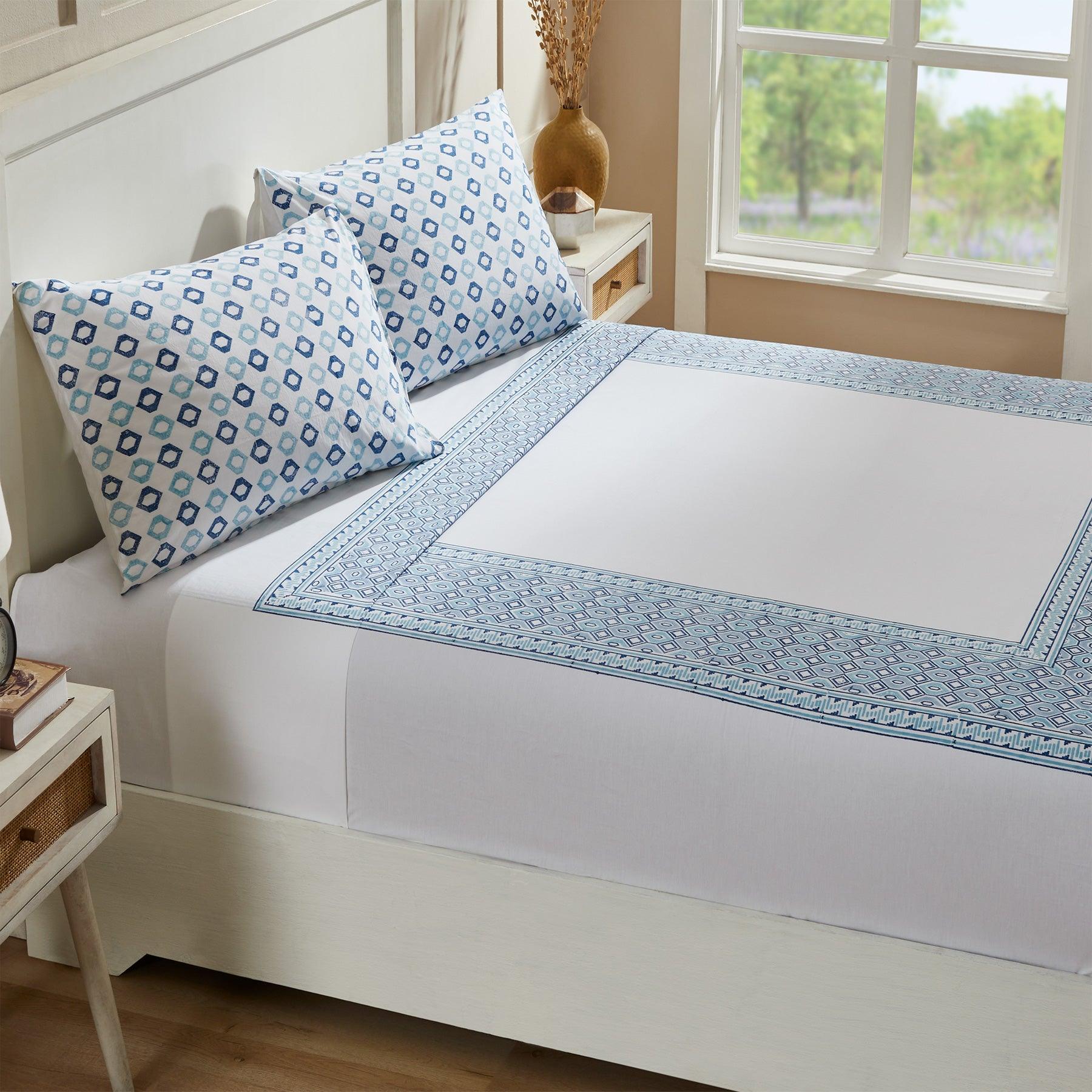 Geometric Aqua Blue Hand Block Printed Cotton Bedsheet with Pillow Covers