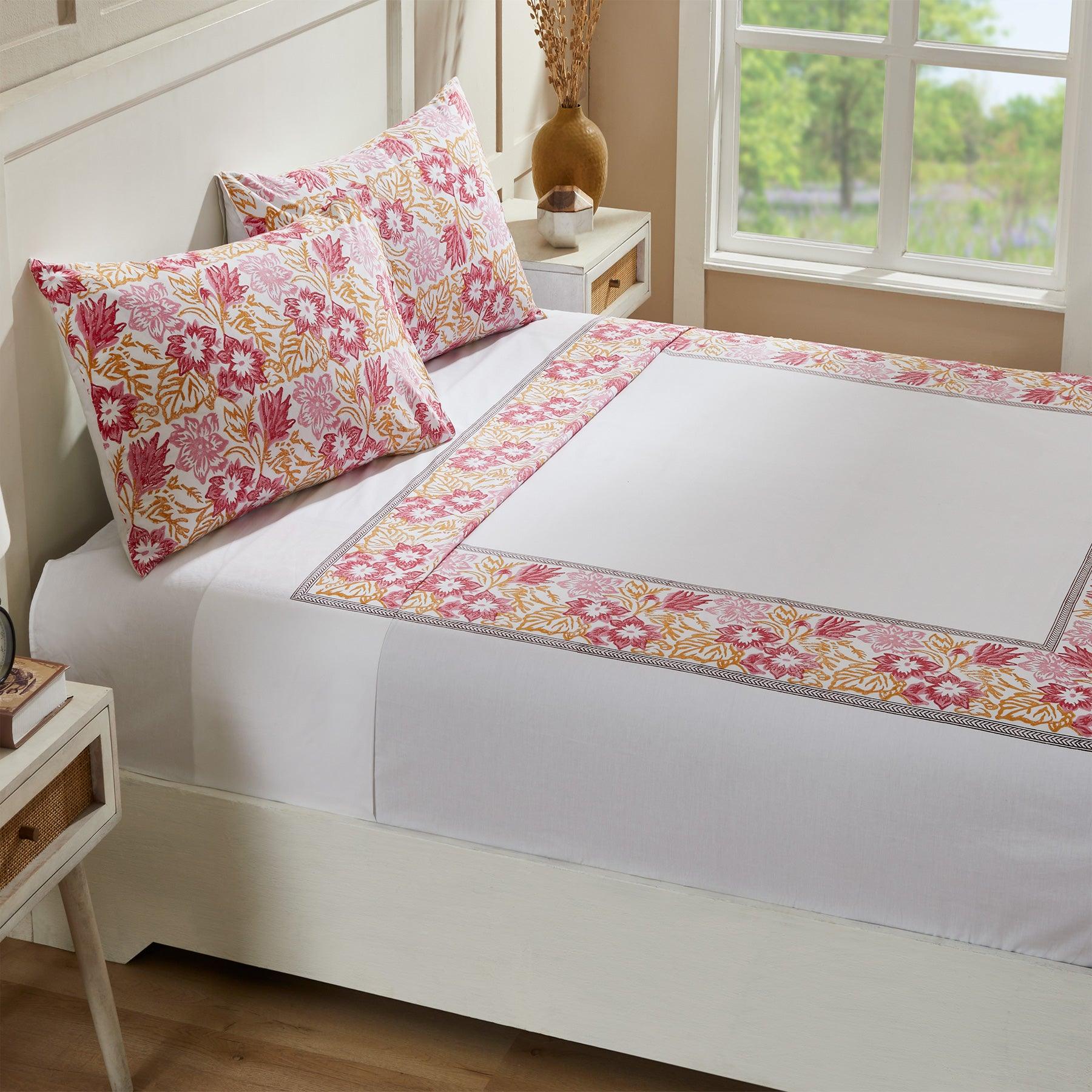 DIY Spring Mustard & Brown Hand Block Printed Cotton Bedsheet with Pillow Covers