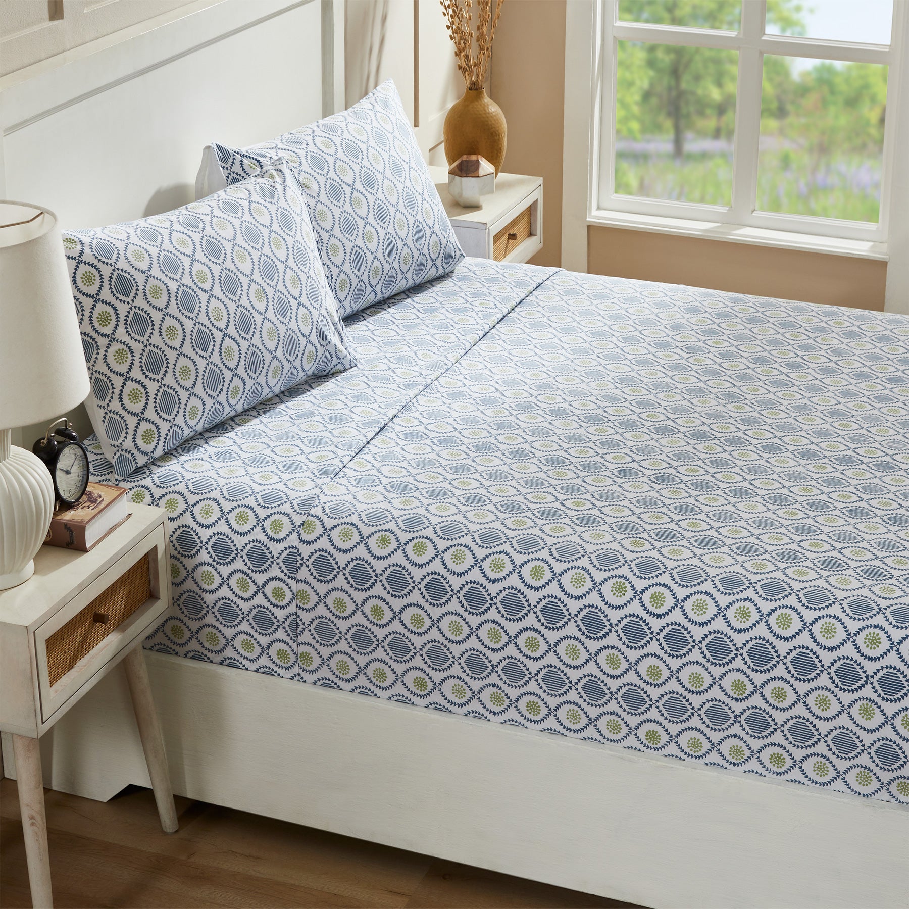 Ogee Blue & Green Hand Block Printed Cotton Bedsheet with Pillow Covers