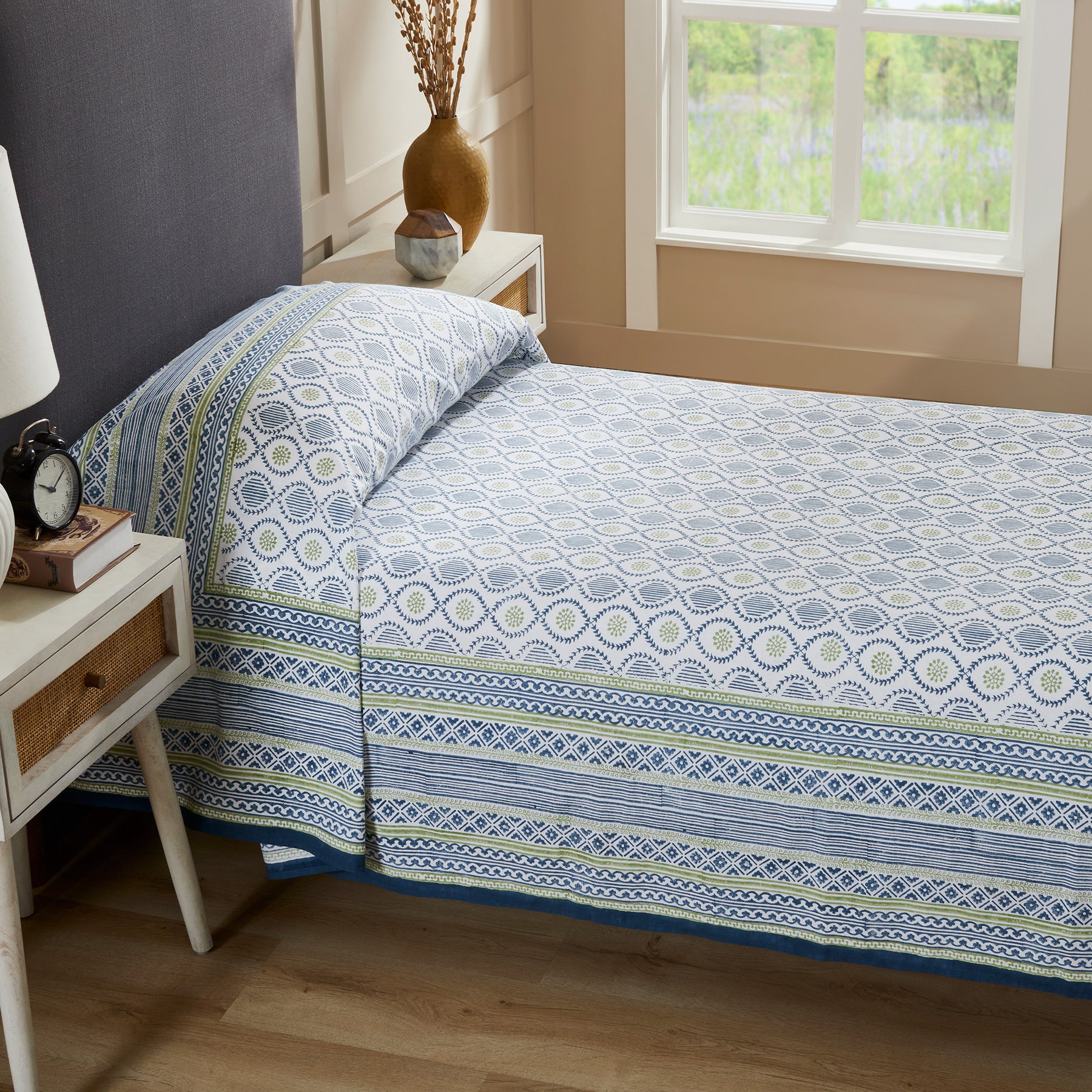 Ogee Blue & Green Hand Block Printed Medium Cotton Bedcover