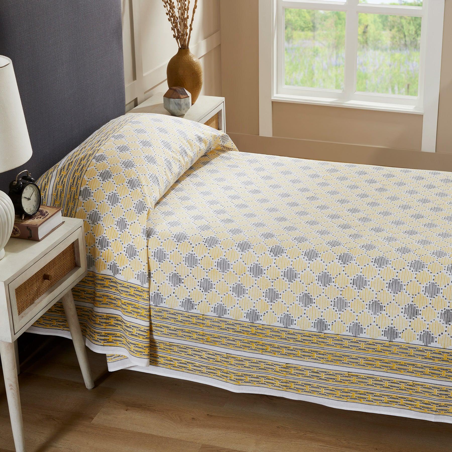 Geometric Quint Yellow & Grey Hand Block Printed Medium Cotton Bedcover (40th Edition) Ratan Texprocess Pvt. Ltd