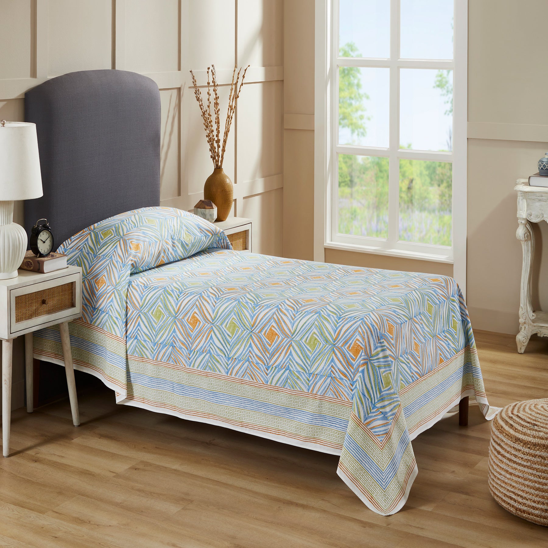 Monochromatic Mustard & Blue Hand Block Printed Medium Cotton Bedcover (40th Edition)