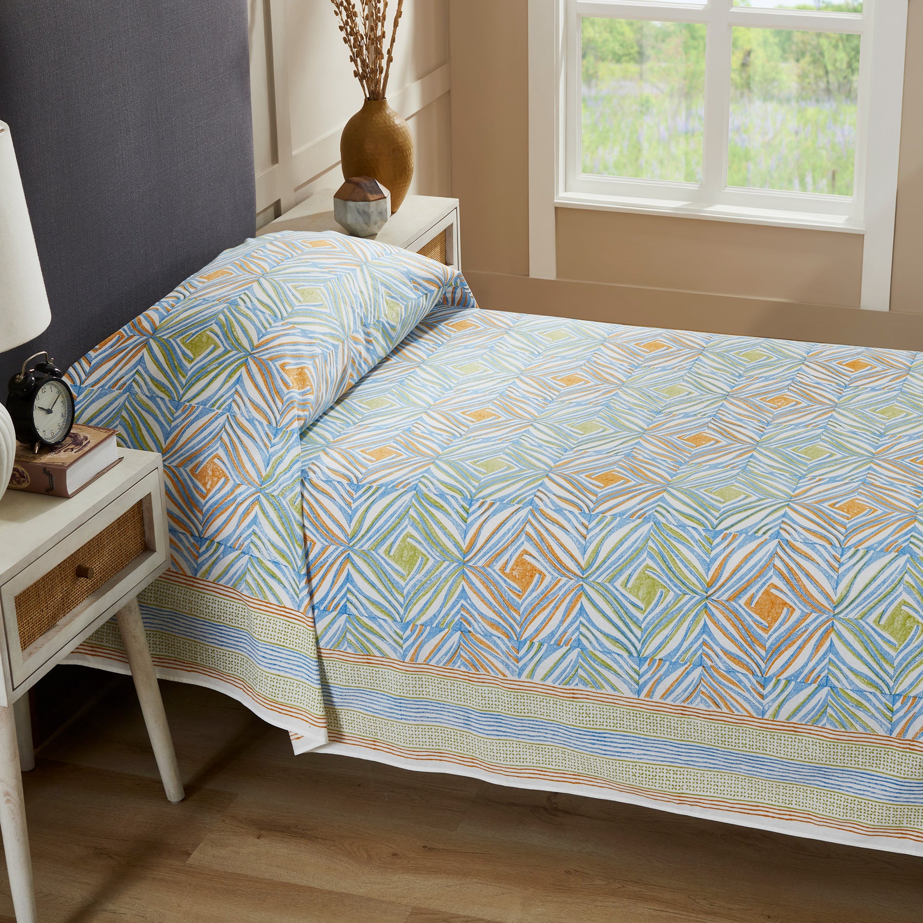 Monochromatic Mustard & Blue Hand Block Printed Medium Cotton Bedcover (40th Edition)