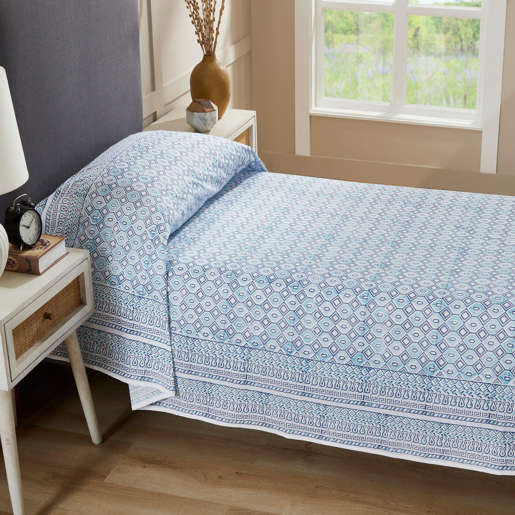 Geometric Aqua Blue Hand Block Printed Medium Cotton Bedcover