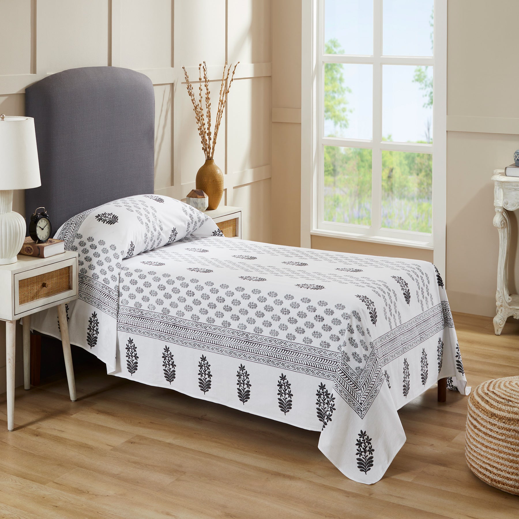 Daffodil Grey & Black Hand Block Printed Medium Cotton Bedcover