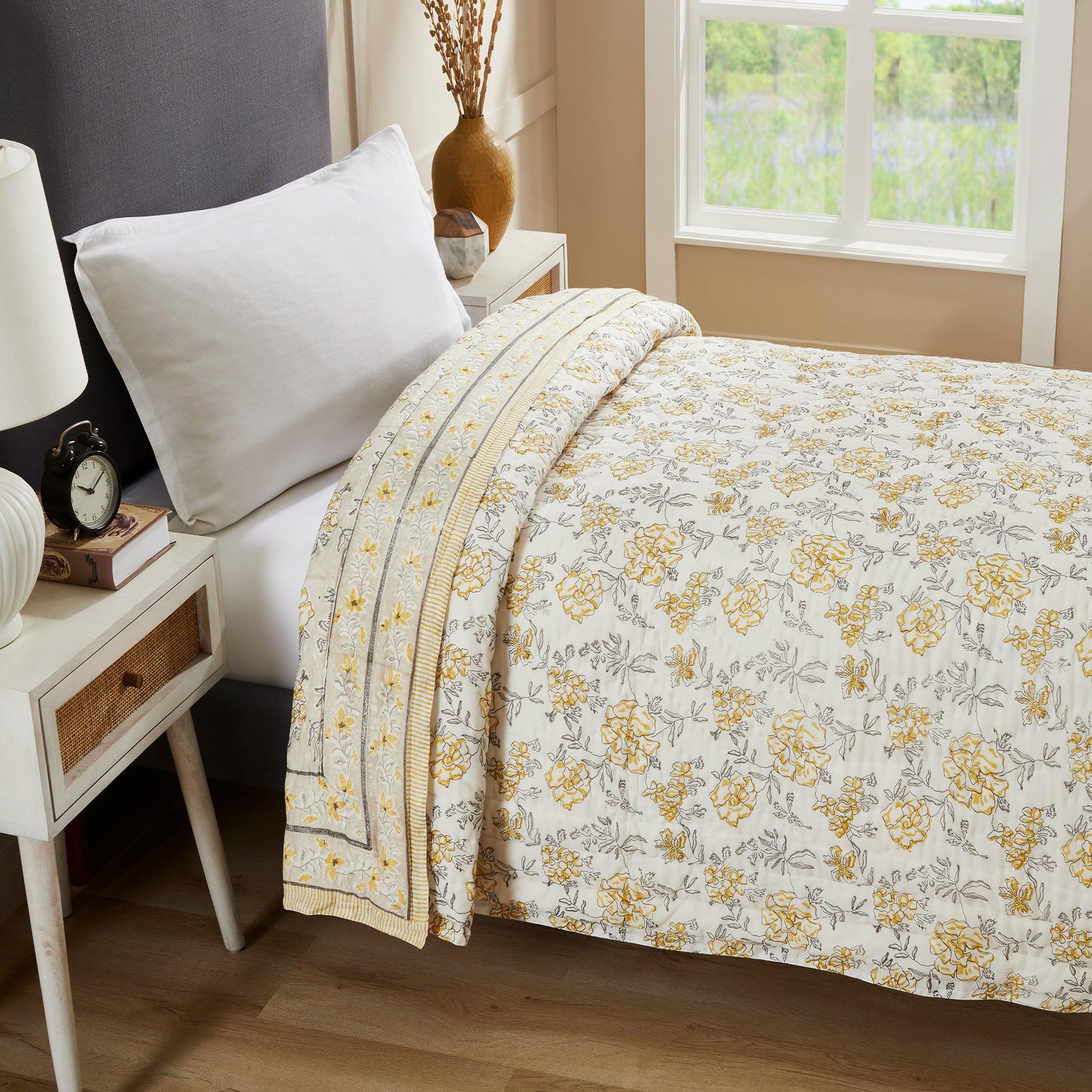 Vintage Mustard & Charcoal Hand Block Printed Medium Cotton AC Quilt (40th Edition)