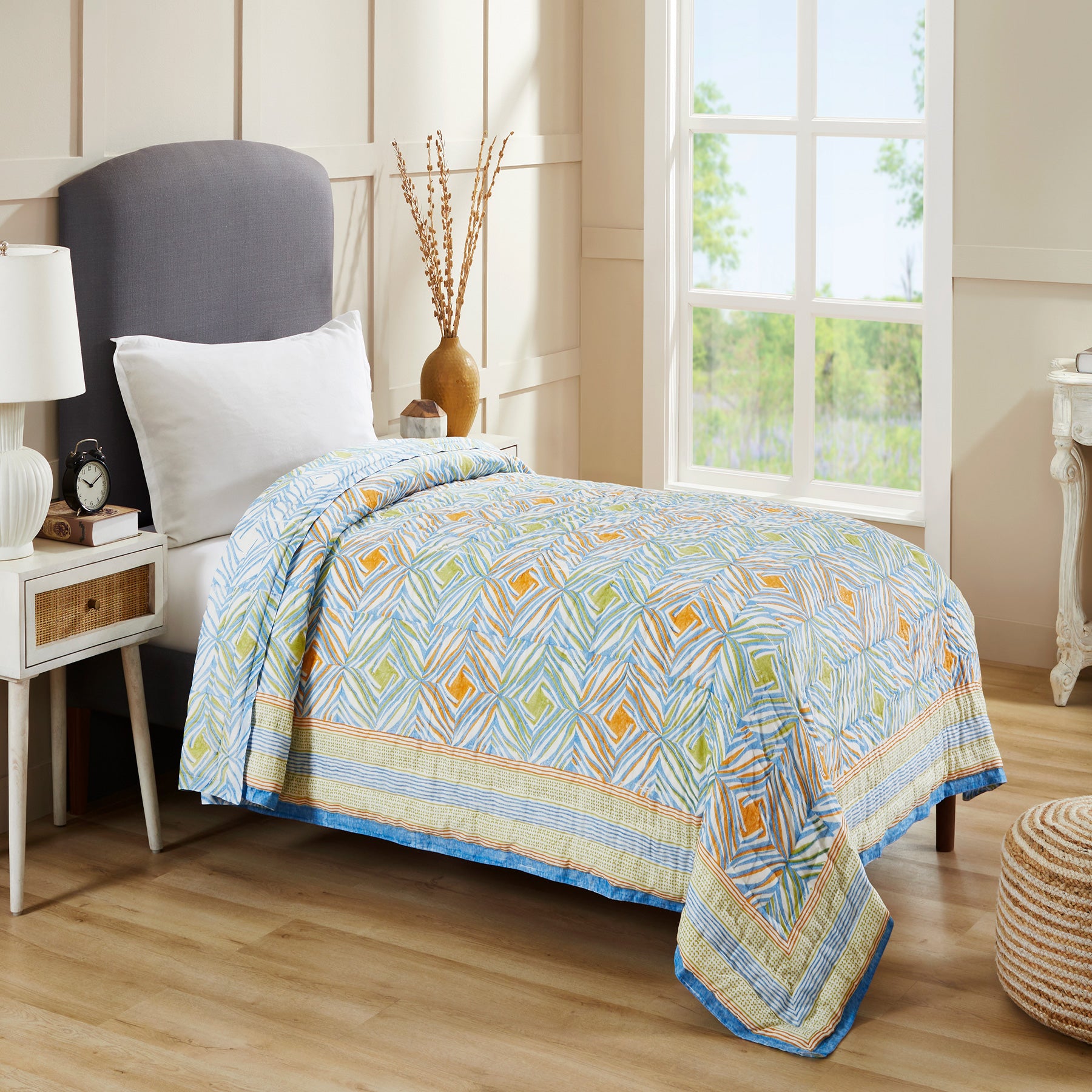 Monochromatic Mustard & Blue Hand Block Printed Medium Cotton AC Quilt (40th Edition)