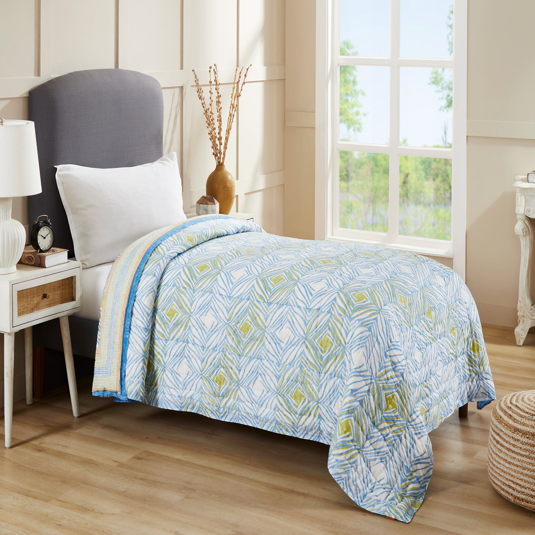 Monochromatic Mustard & Blue Hand Block Printed Medium Cotton AC Quilt (40th Edition)