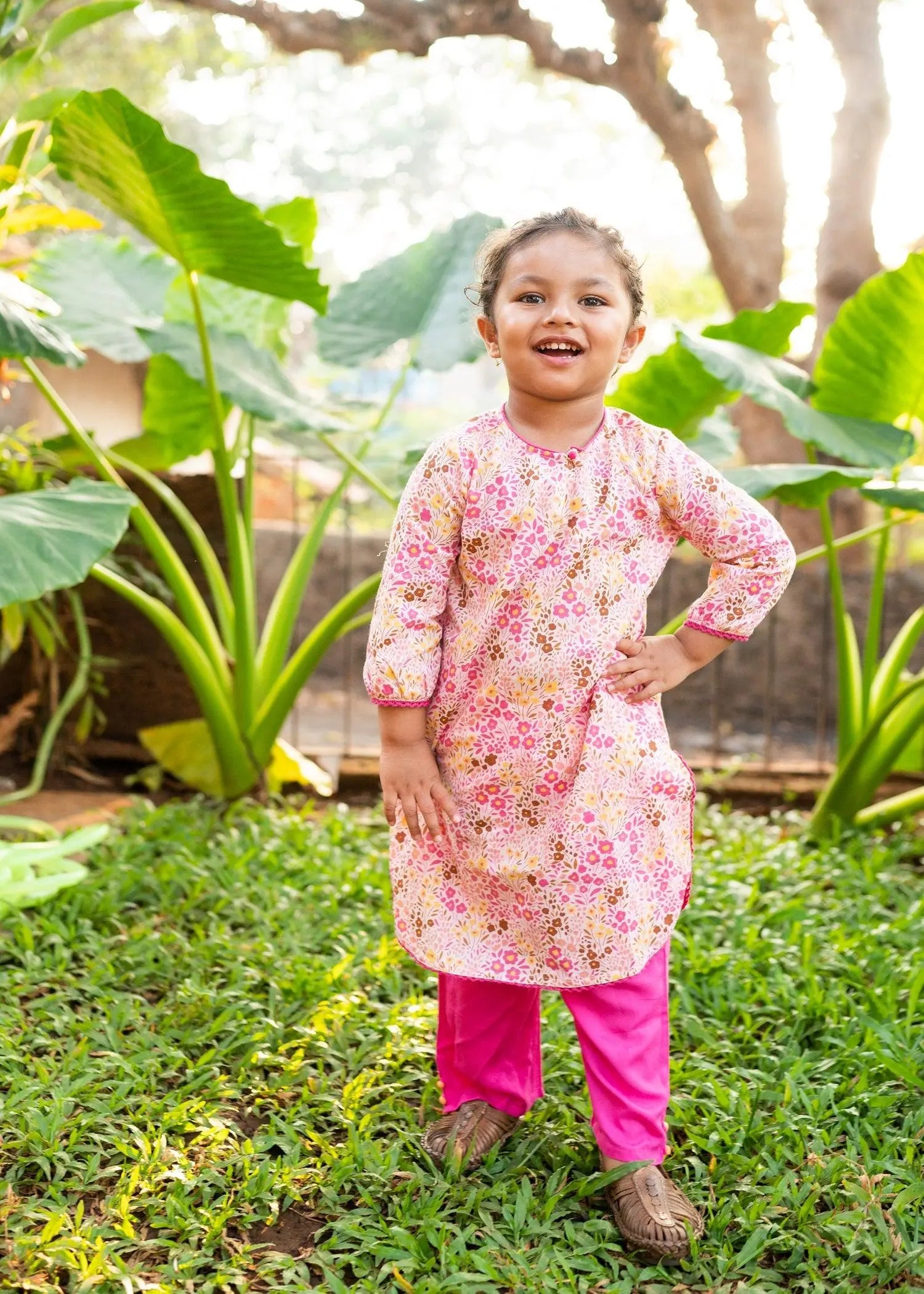 Flower Bed Pink Cotton Boat - Neck Kurta Girls (2-12 Yrs)