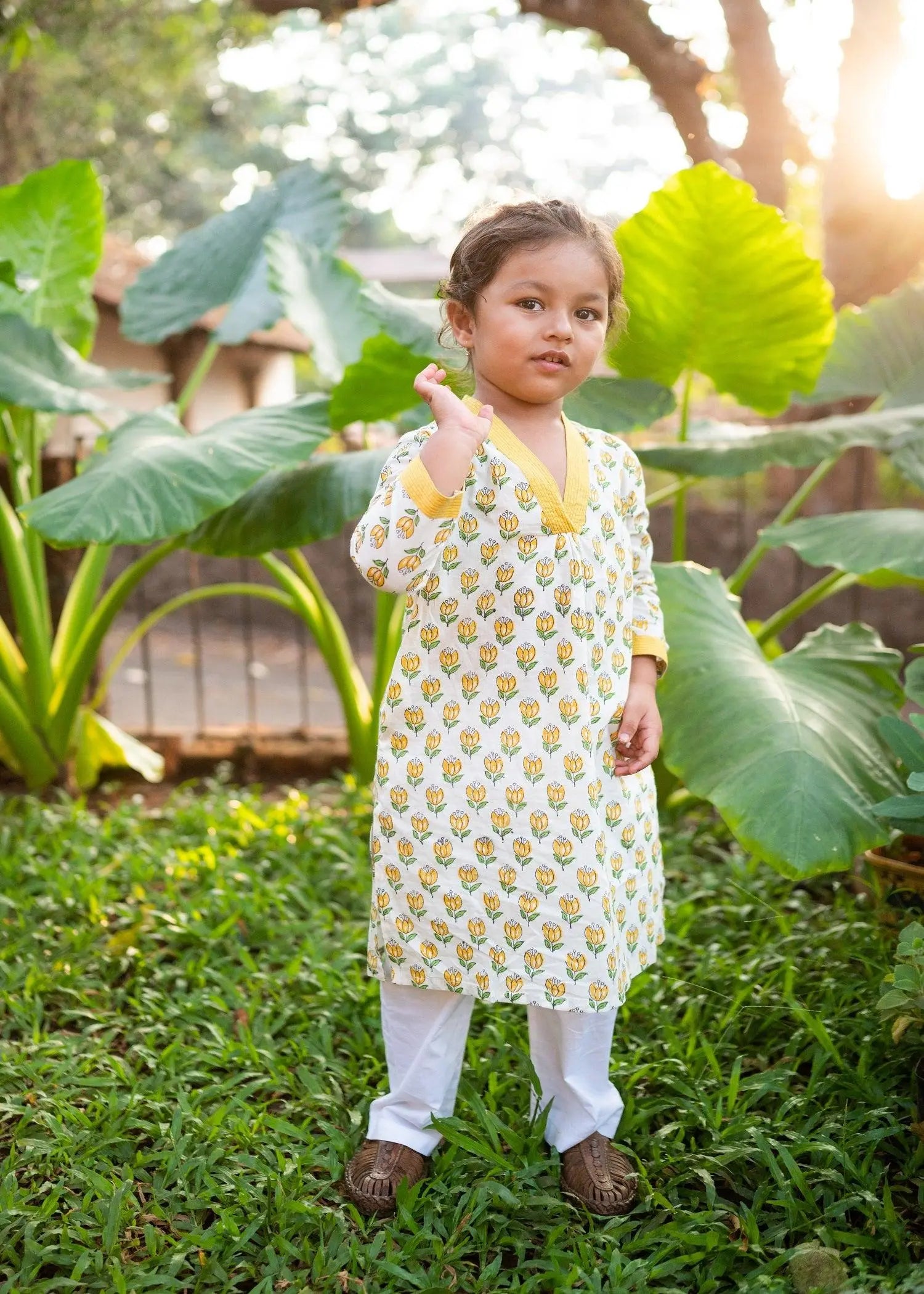 Creme Cotton V-Neck Kurta Girls (2 -12 Yrs)