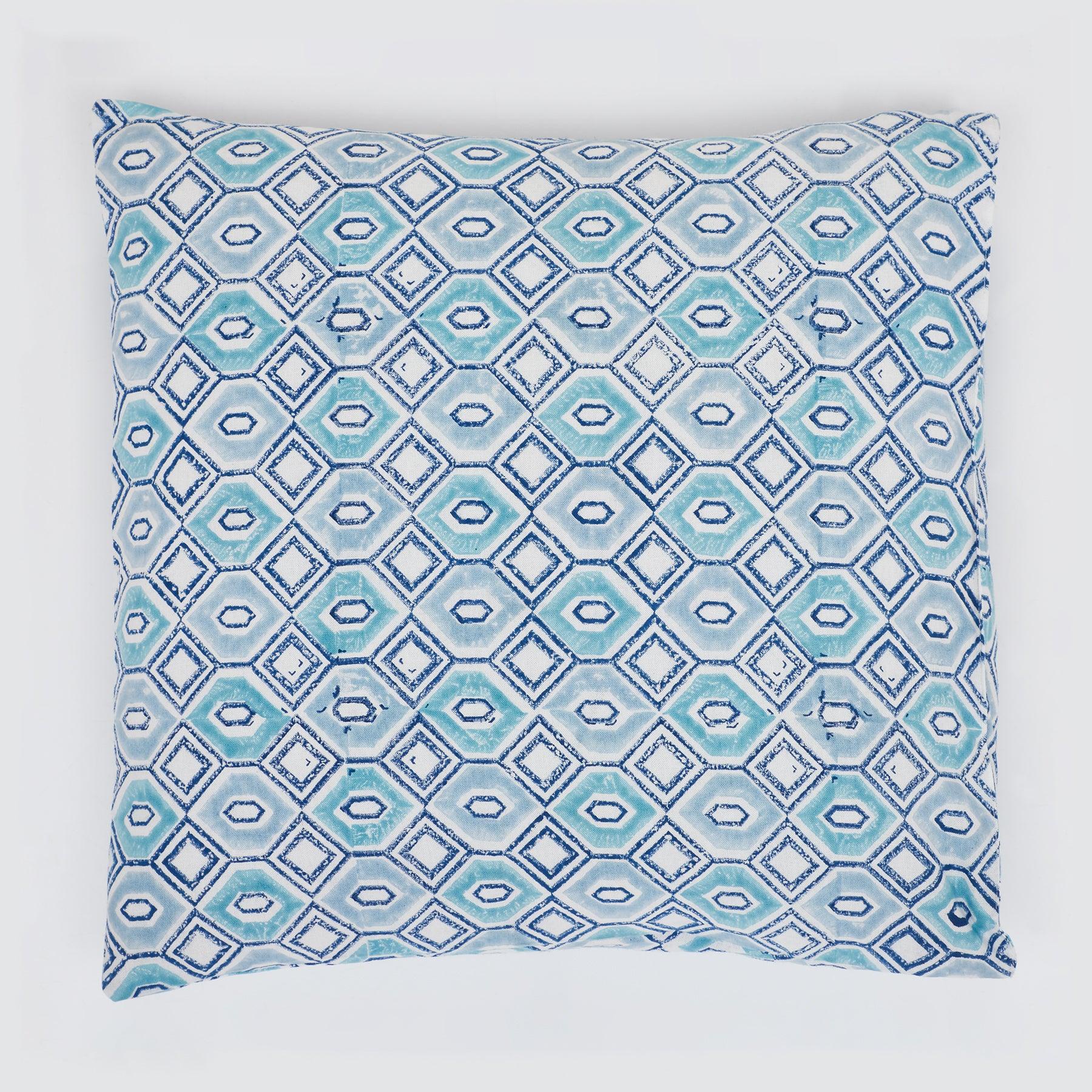 Geometric Aqua Blue Hand Block Print Cotton Cushion Cover