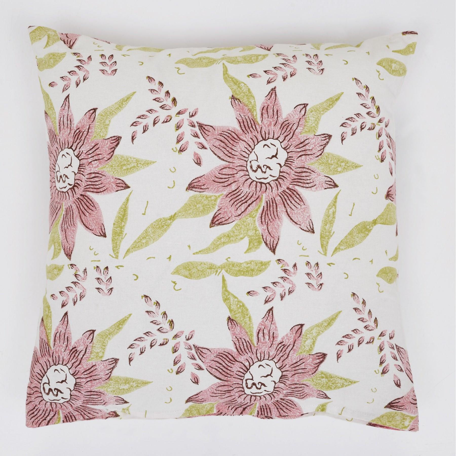 Sunflower Green & Pink Hand Block Print Cotton Cushion Cover