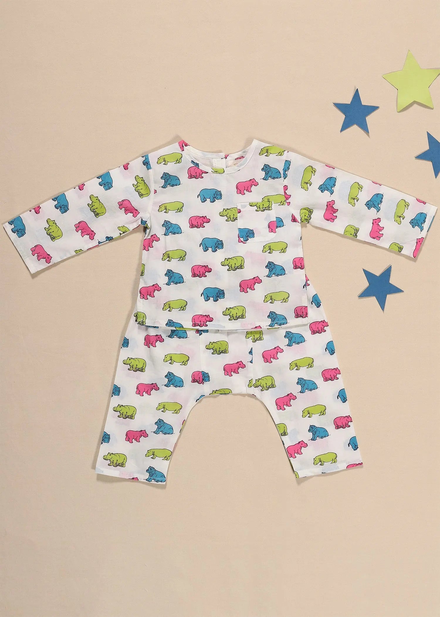 Hippo Creme Cotton Night Suit Unisex (3-12 Months)