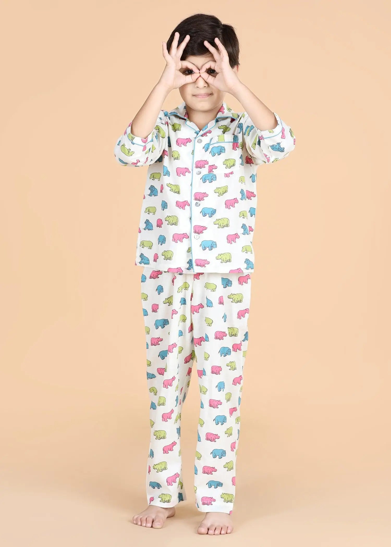 Hippo Cream Full Sleeves Cotton Nighsuit Boys (1-12 Years)