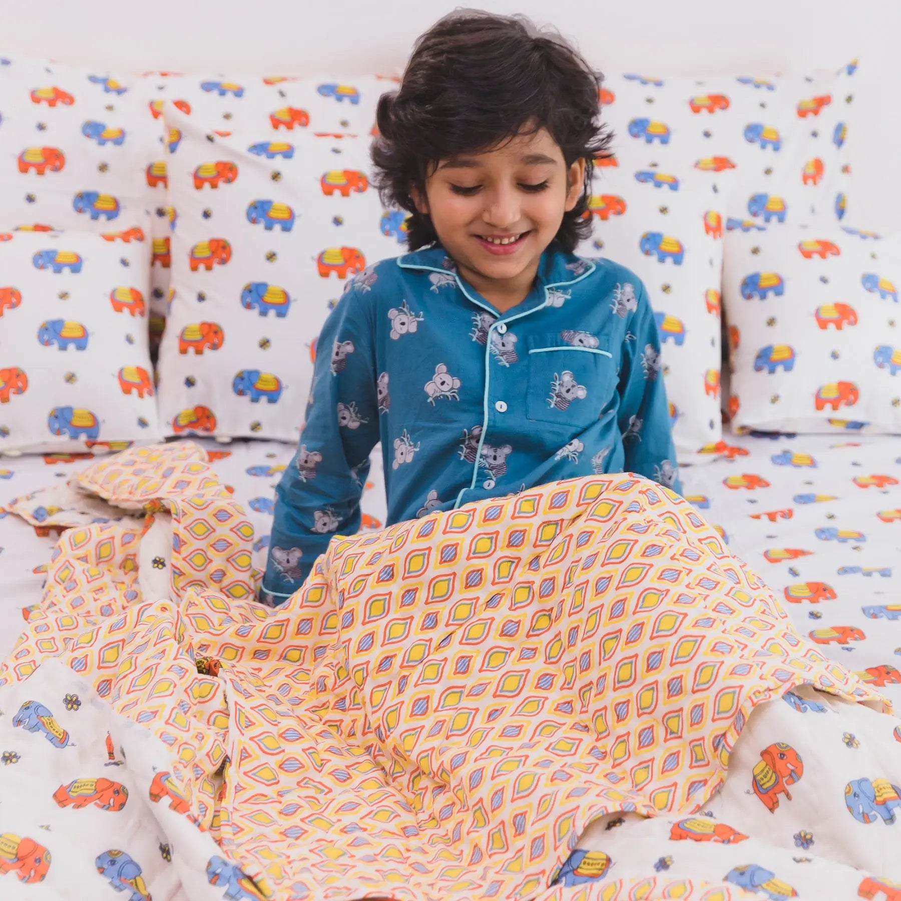 Bholu Hathi Blue/Orange Cotton Quilt Kids