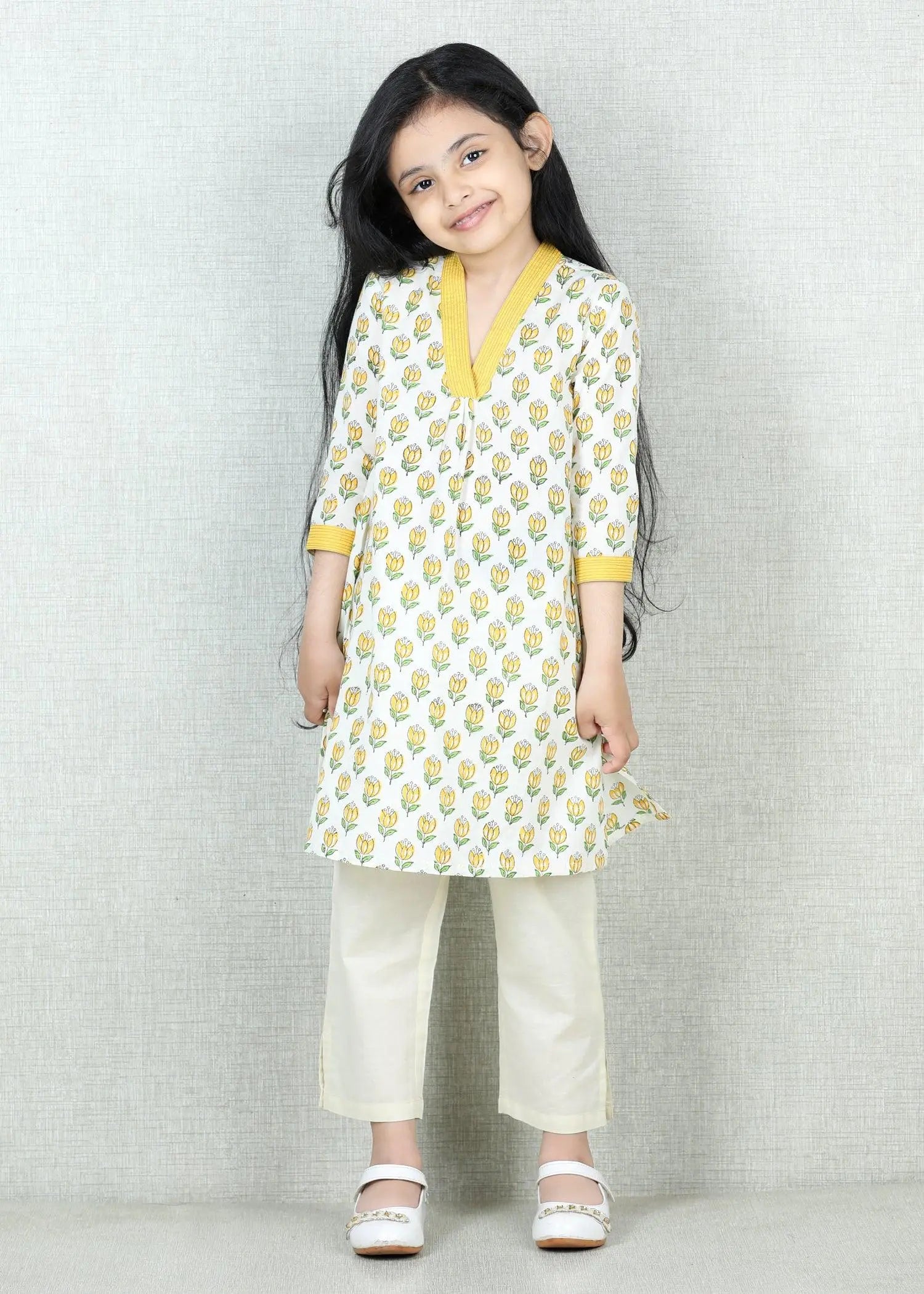 Creme Cotton V-Neck Kurta Girls (2 -12 Yrs)