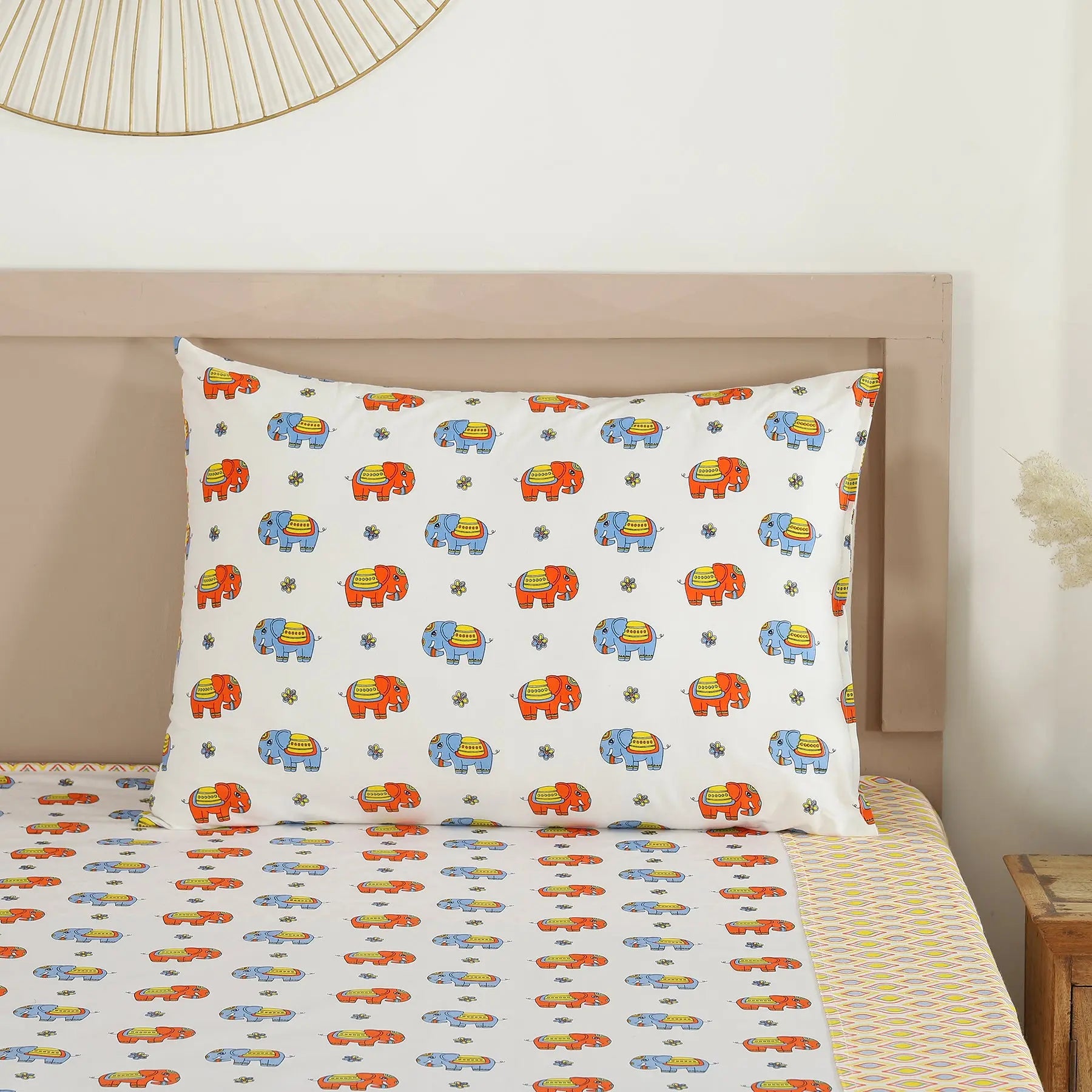 Bholu Hathi Blue/Orange Cotton Pillow Cover