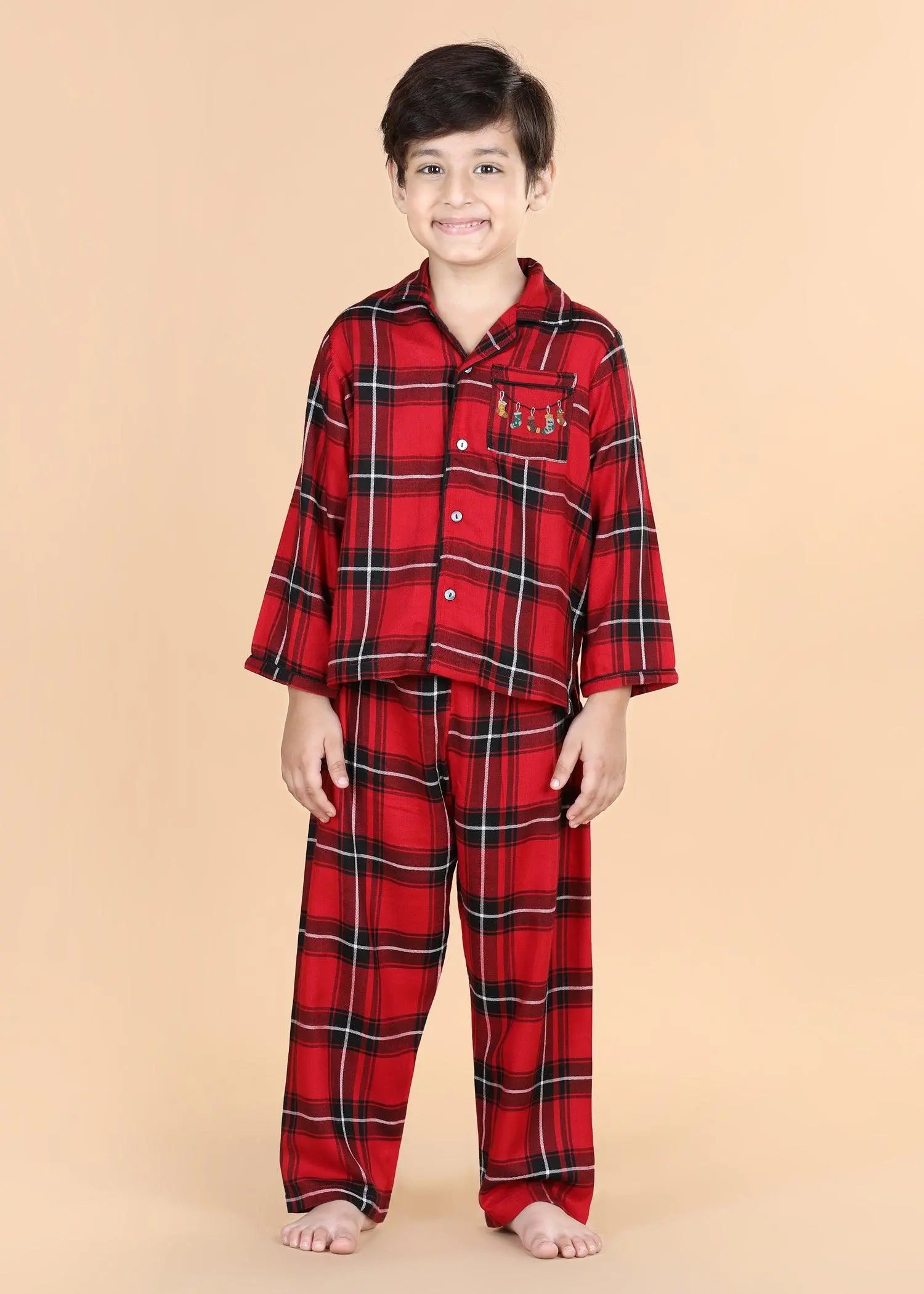 Merry Christmas Checks Red & Black Full Sleeves Nighsuit Unisex (1-12 Years)