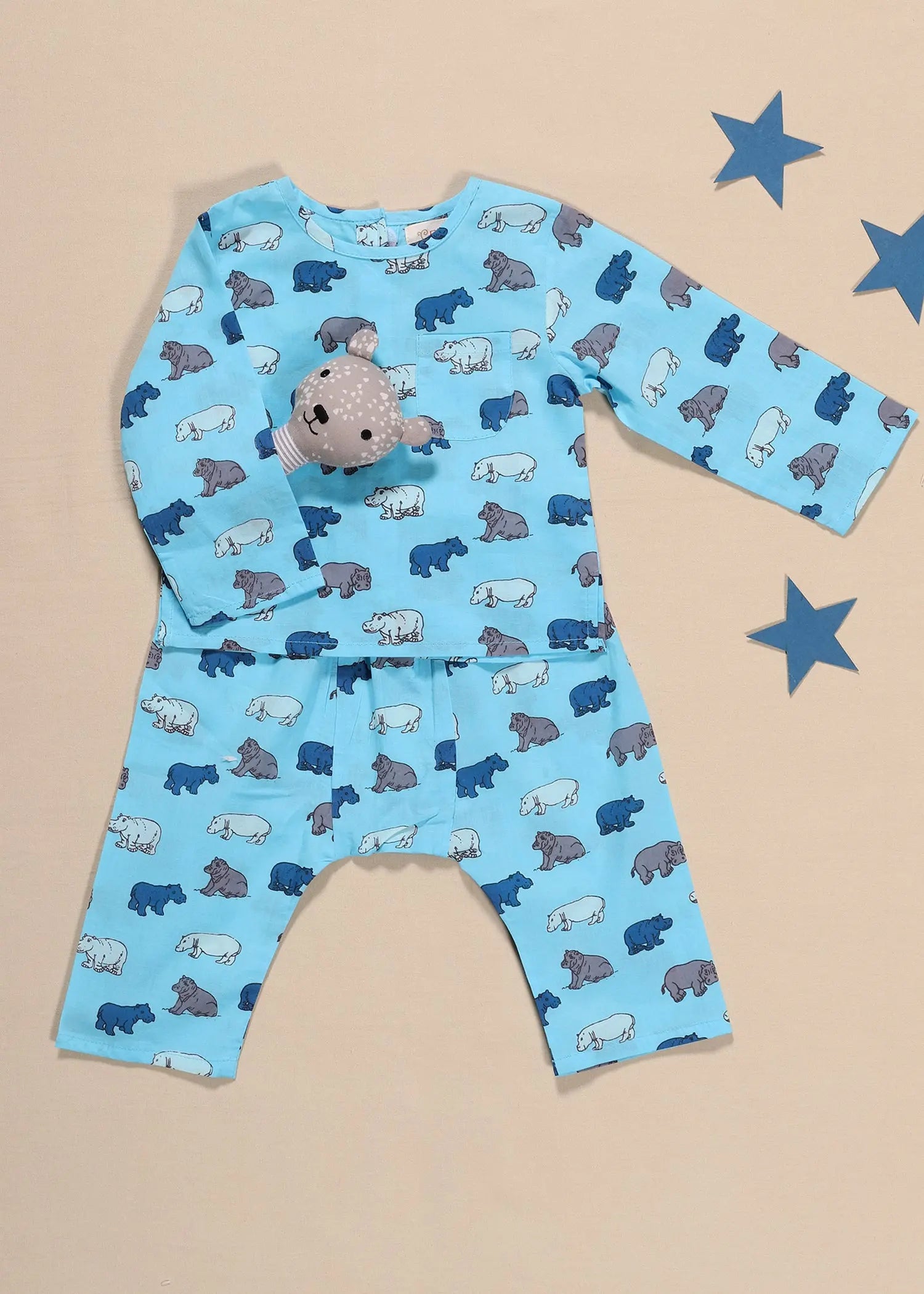 Hippo Blue Cotton Night Suit Unisex (3-12 Months)