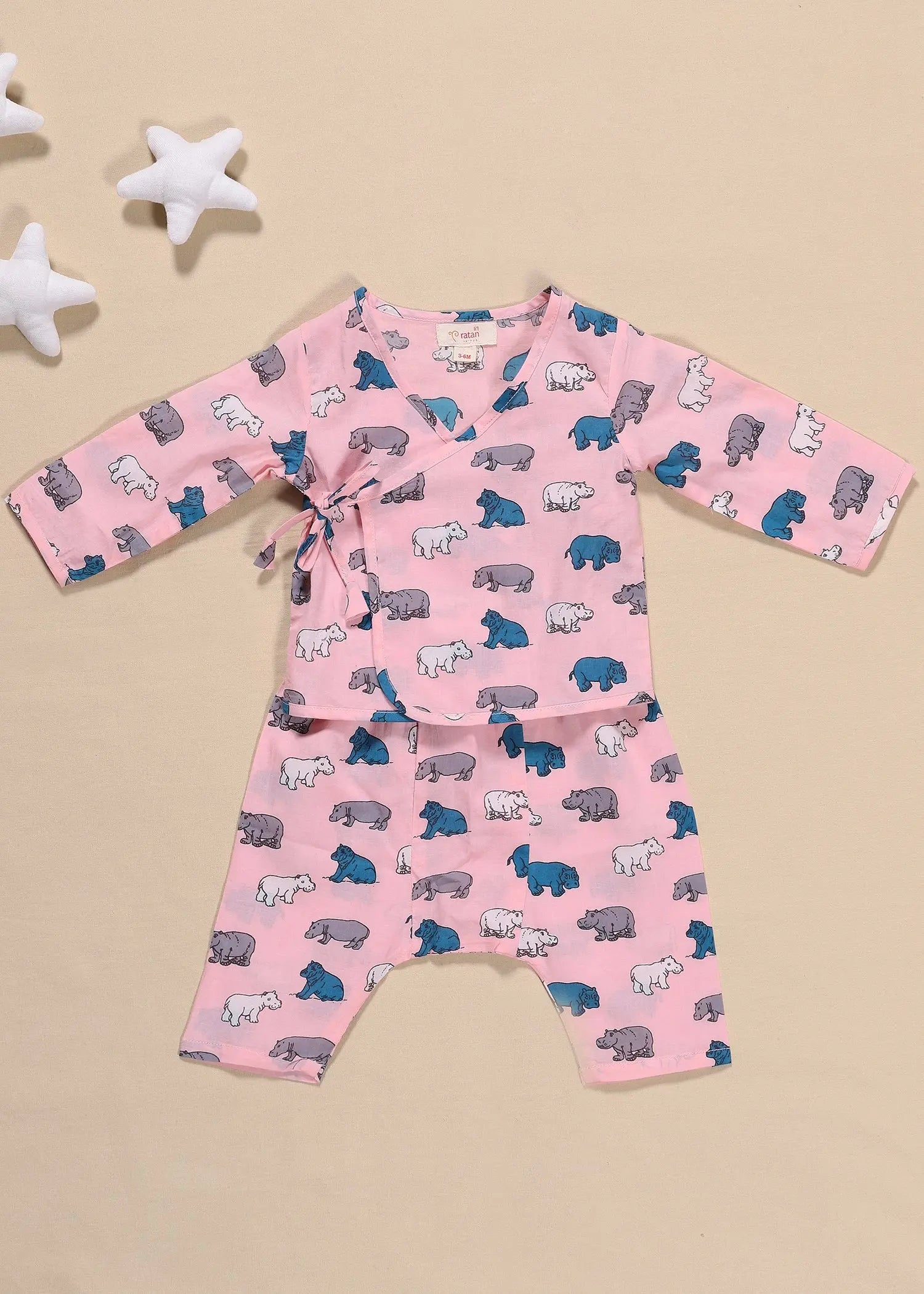 Hippo Pink Cotton Night Suit Unisex (3-12 Months)