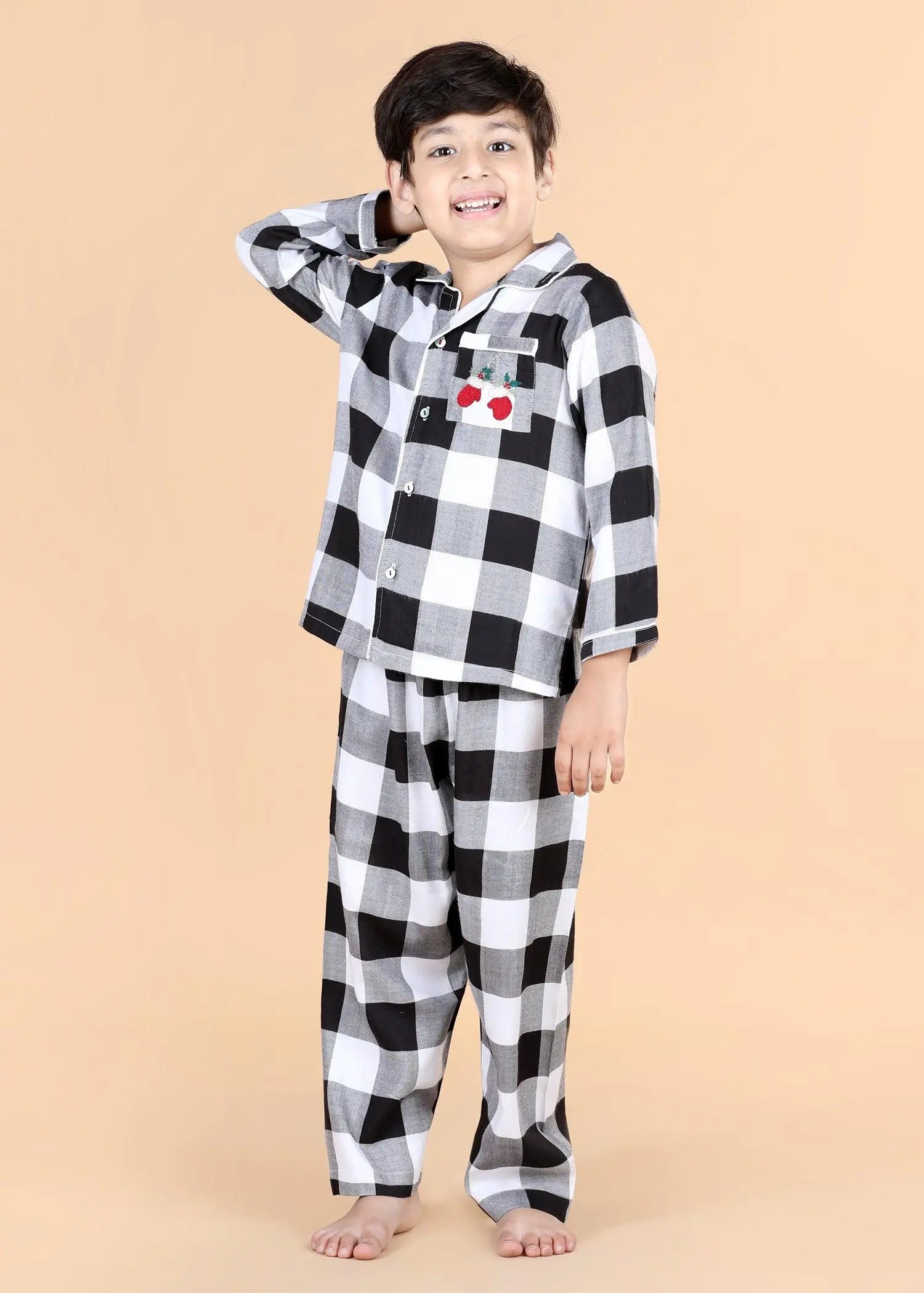 Merry Christmas Checks Black & White Full Sleeves Nighsuit Unisex (1-12 Years)