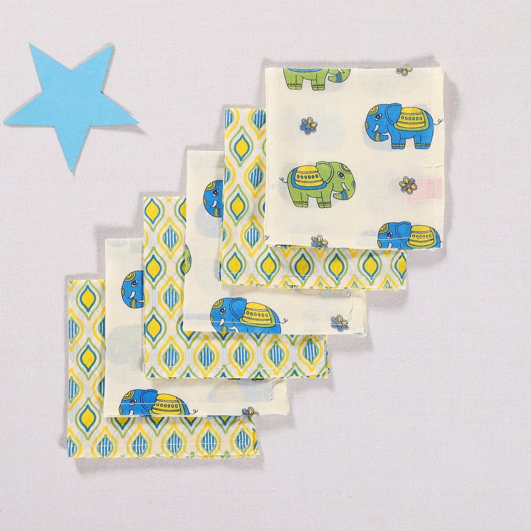 Bholu Hathi Blue/Green Voile Baby Napkins (Set of 6)