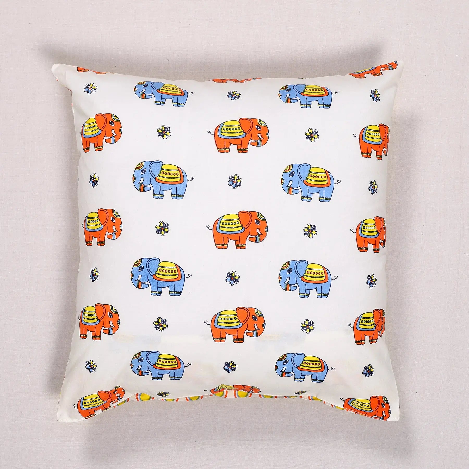 Bholu Hathi Blue/Orange Cotton Cushion Cover Kids