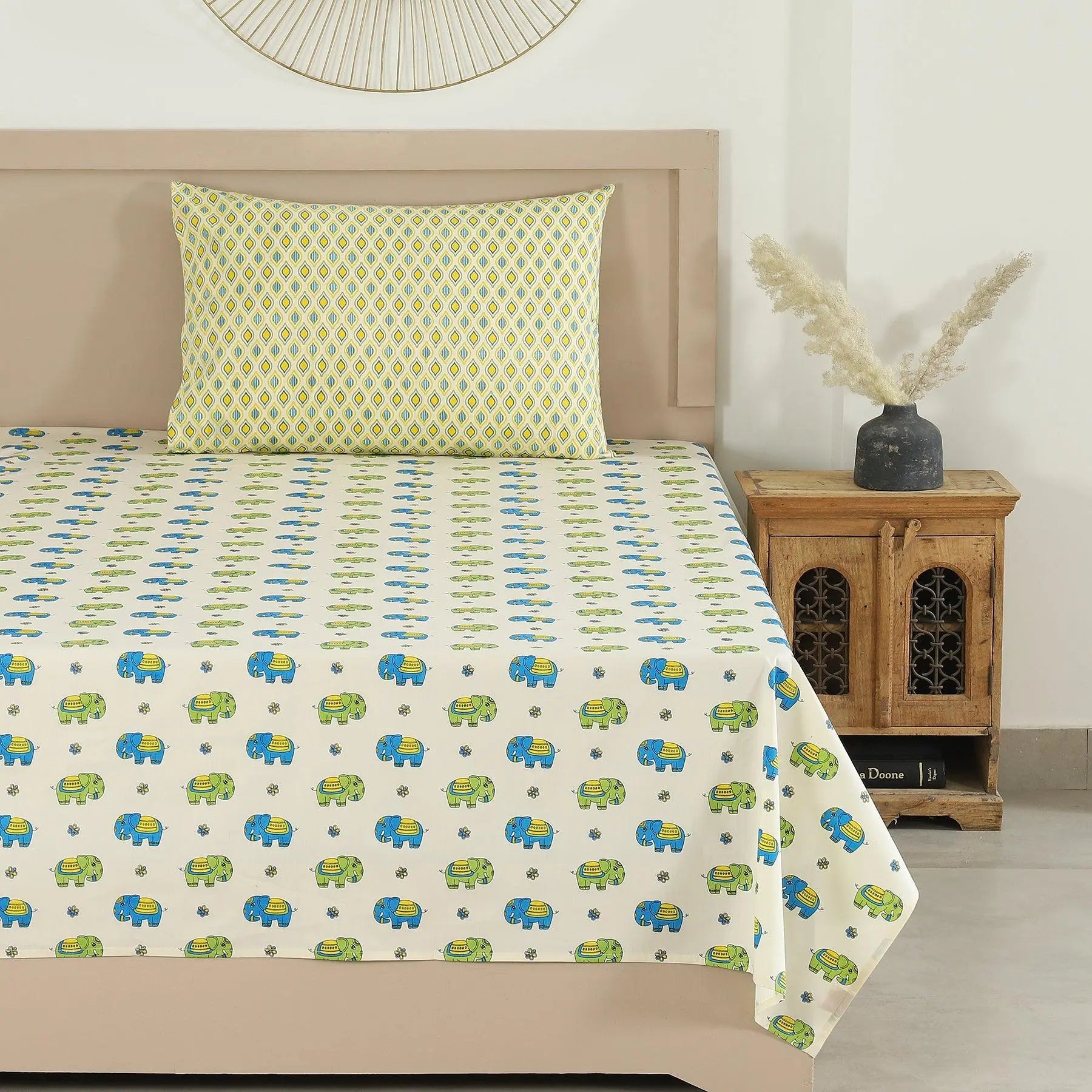 Bholu Hathi Blue/Green Cotton Single Bedsheet with Pillow Cover Kids