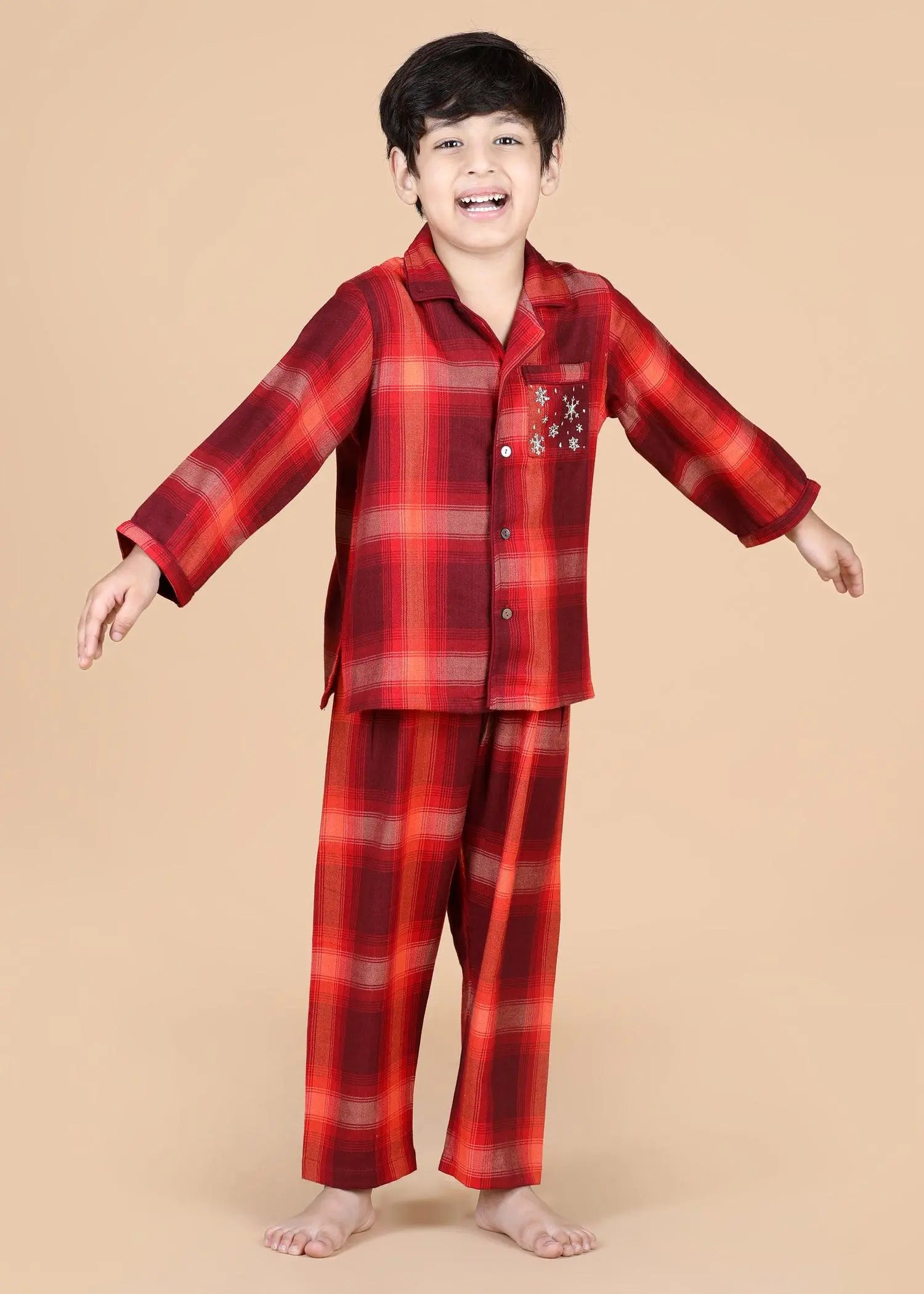 Merry Christmas Checks Scarlet  Full Sleeves Nighsuit Unisex (1-12 Years)