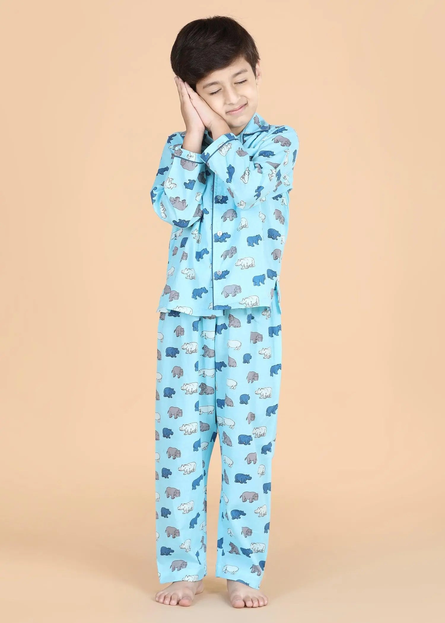 Hippo Blue Full Sleeves Cotton Nighsuit Boys (1-12 Years)