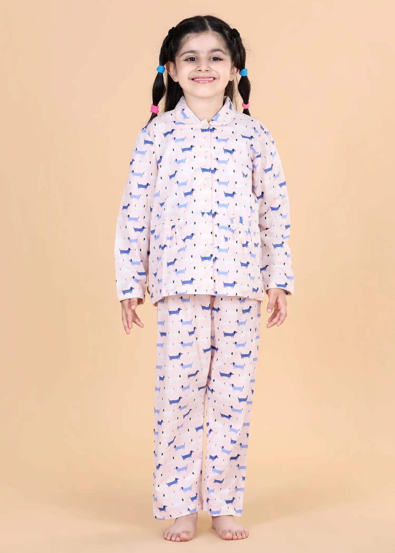 Dachshund Pink Full Sleeves Cotton Nighsuit Girl (1-12 Years)