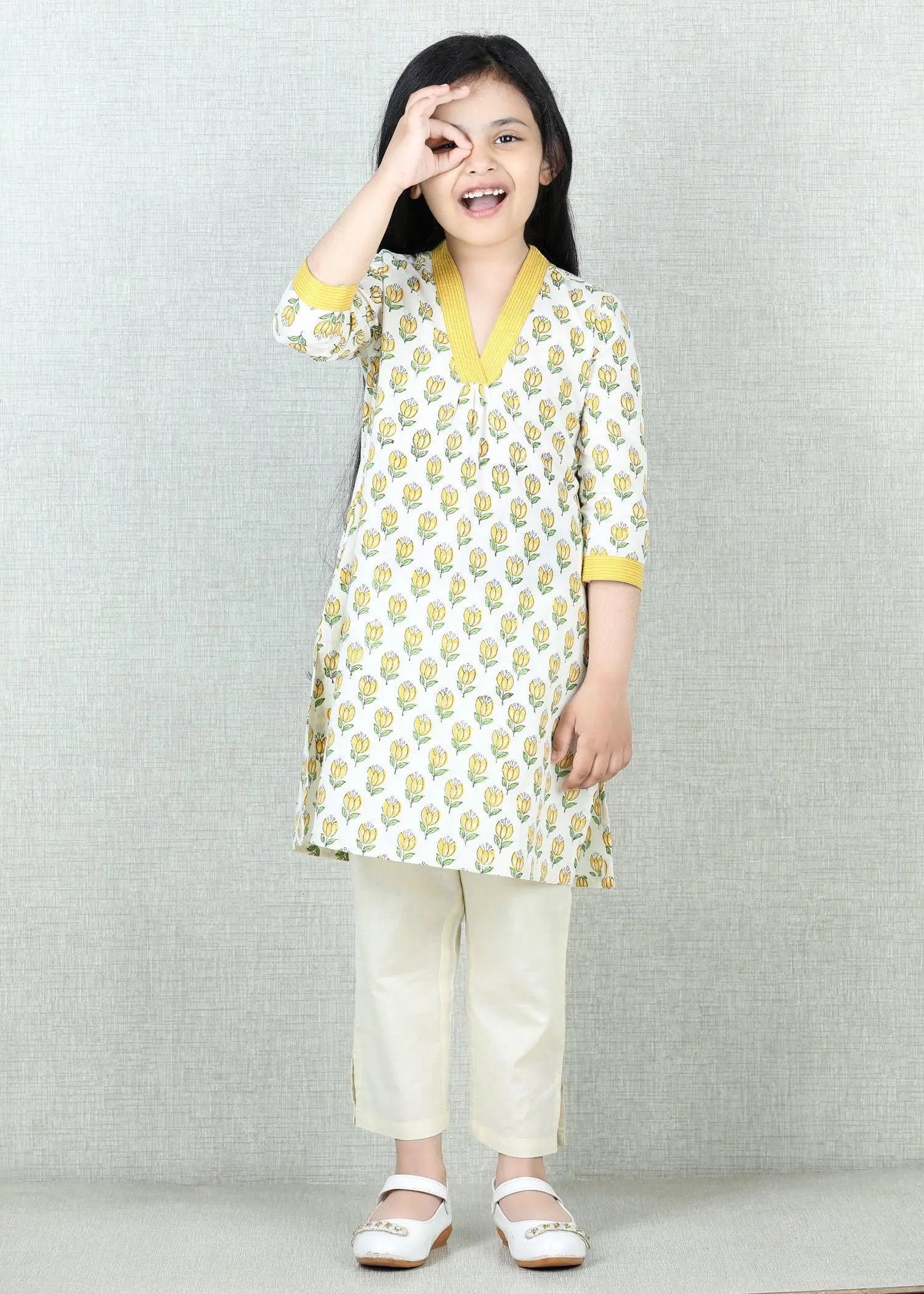 Creme Cotton V-Neck Kurta Girls (2 -12 Yrs)