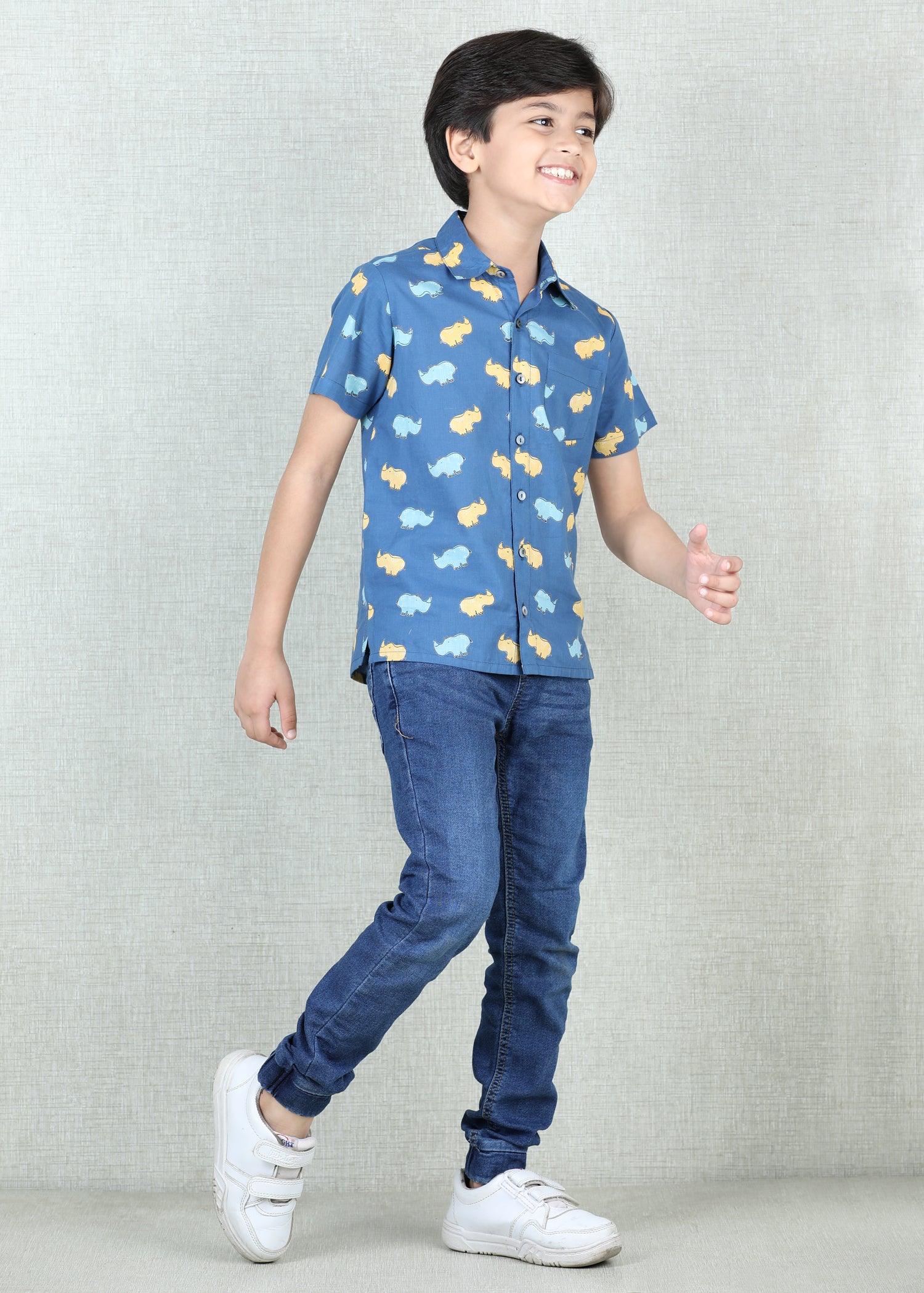 Rihno Navy Blue Cotton Half Sleeves Shirt (2-12 Years)