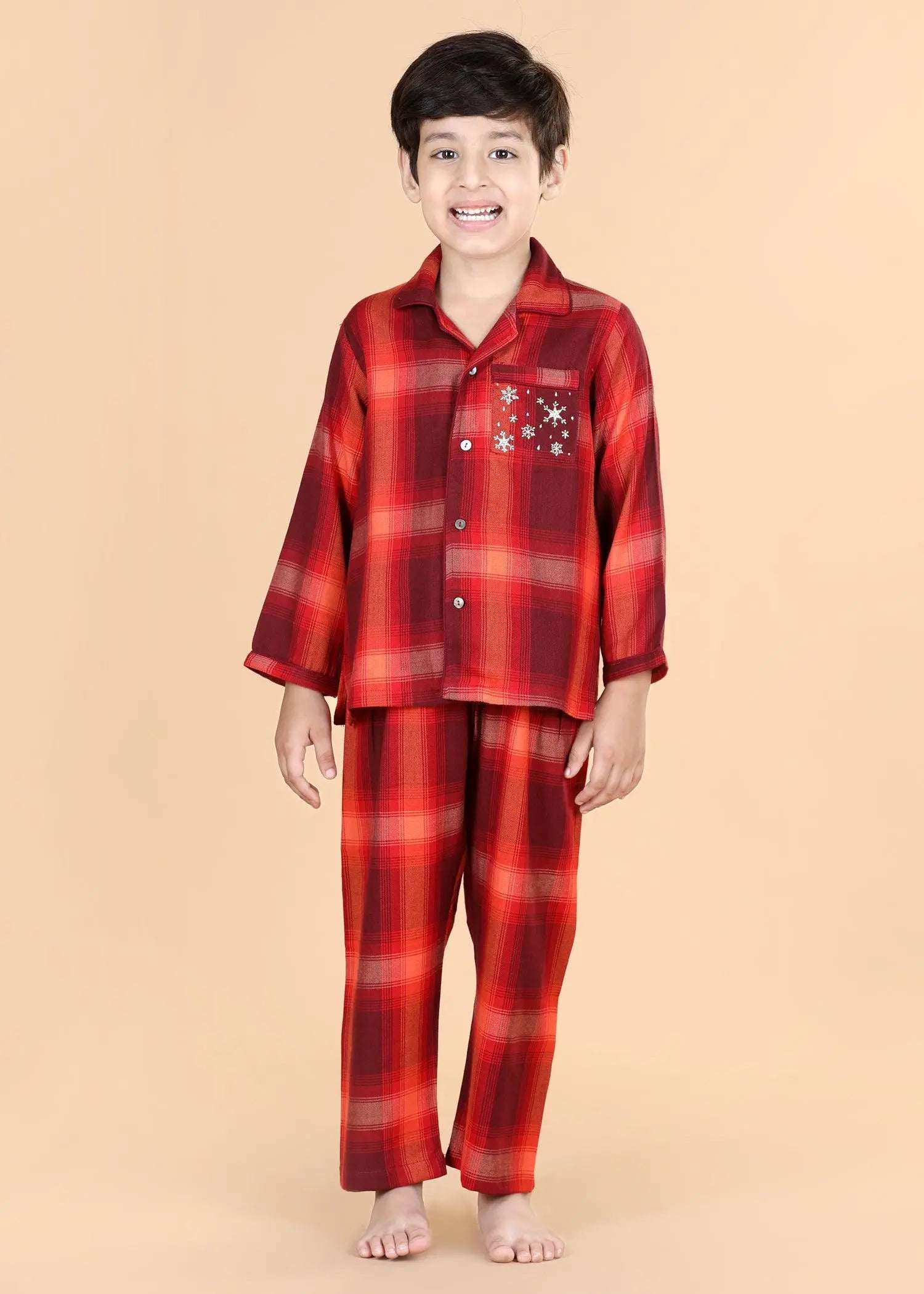 Merry Christmas Checks Scarlet  Full Sleeves Nighsuit Unisex (1-12 Years)