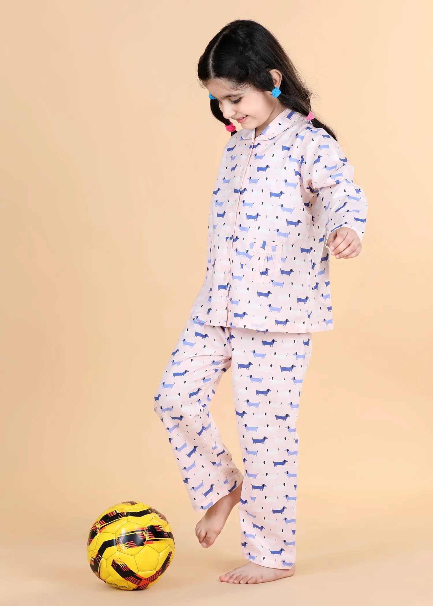 Dachshund Pink Full Sleeves Cotton Nighsuit Girl (1-12 Years)