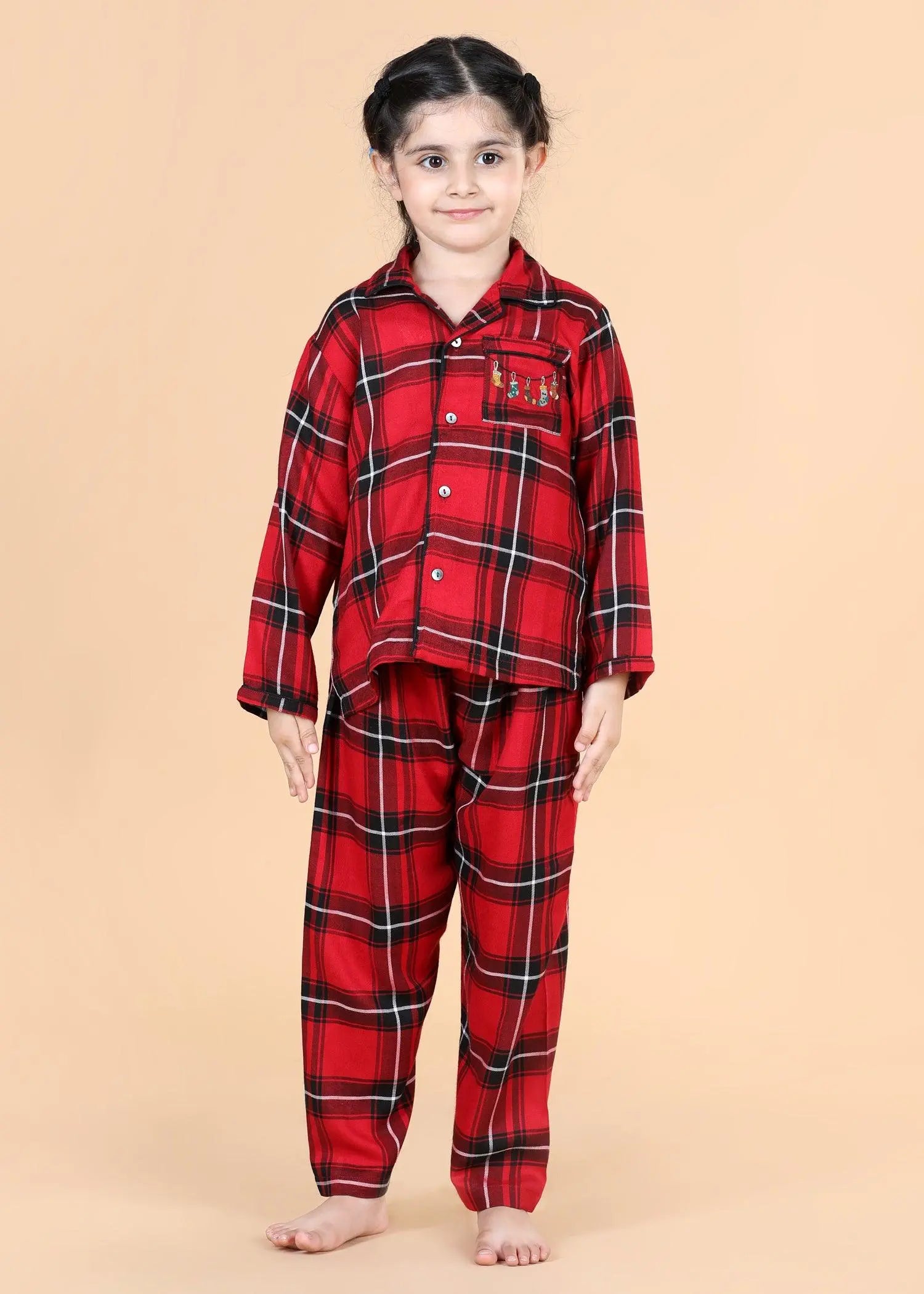 Merry Christmas Checks Red & Black Full Sleeves Nighsuit Unisex (1-12 Years)