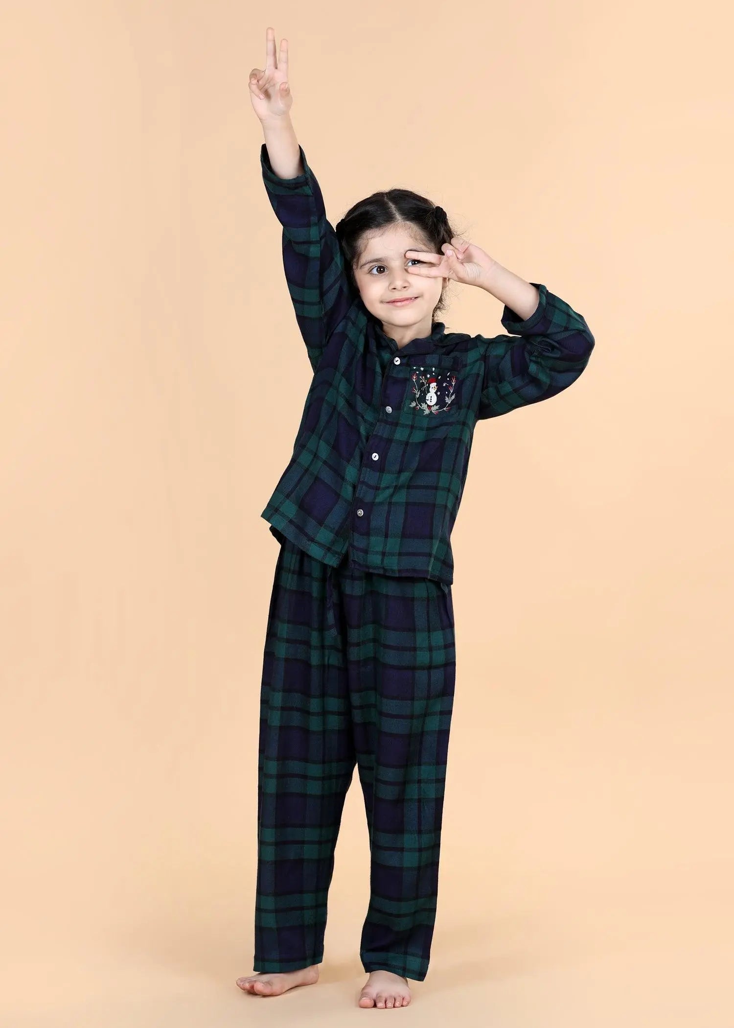 Merry Christmas Checks Teal  Full Sleeves Nighsuit Unisex (1-12 Years)