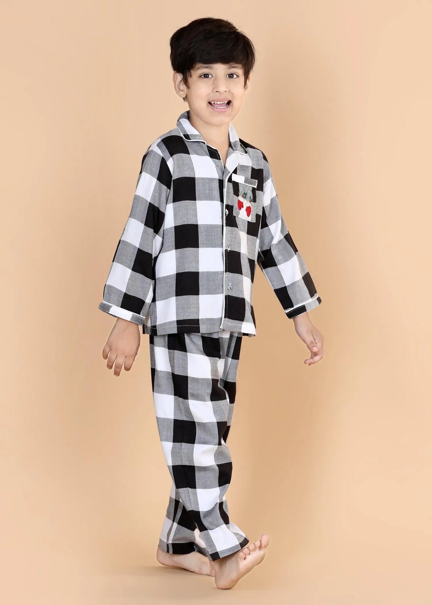 Merry Christmas Checks Black & White Full Sleeves Nighsuit Unisex (1-12 Years)