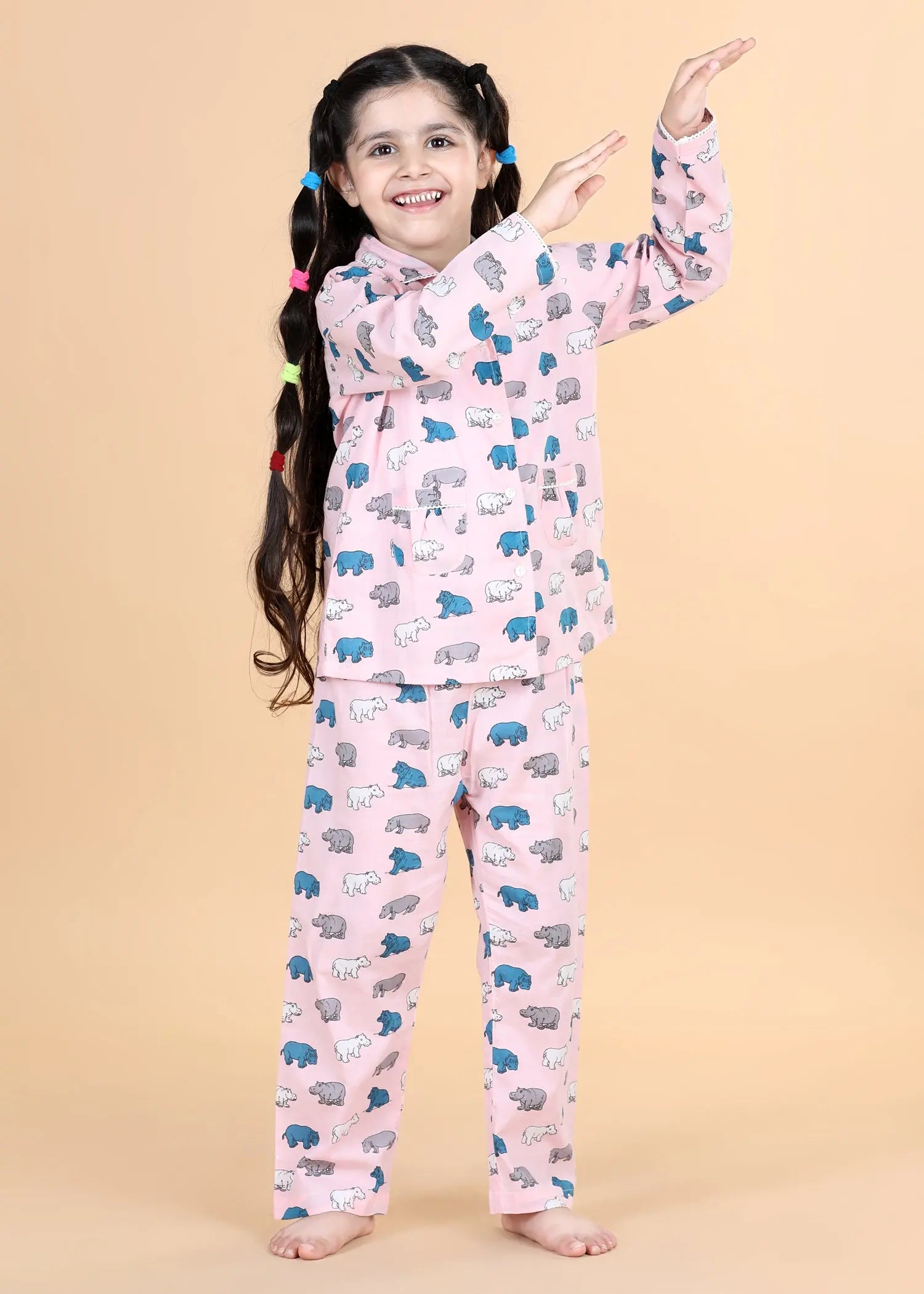 Hippo Pink Full Sleeves Cotton Nighsuit Girl (1-12 Years)