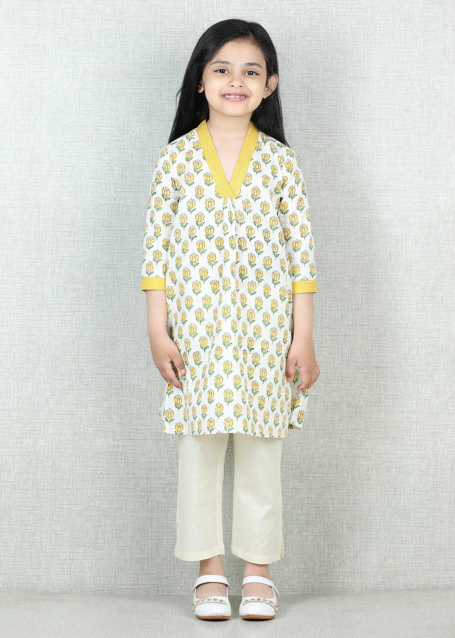 Creme Cotton V-Neck Kurta Girls (2 -12 Yrs)