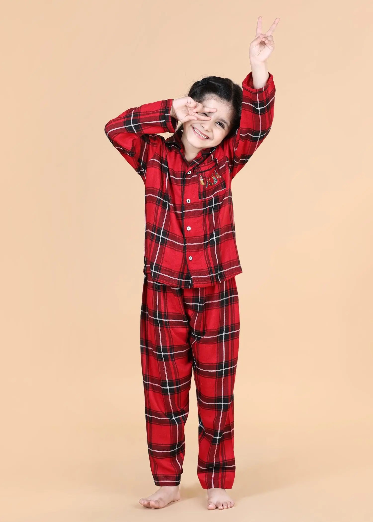 Merry Christmas Checks Red & Black Full Sleeves Nighsuit Unisex (1-12 Years)