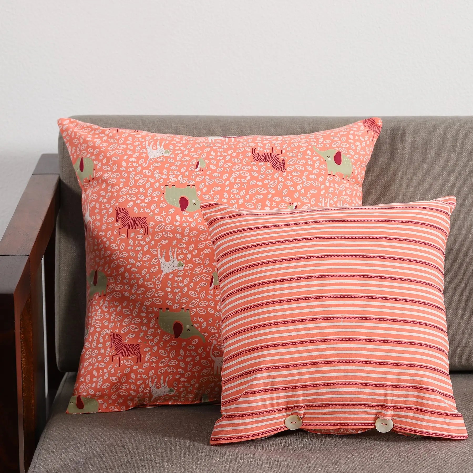 Jungle Safari/Stripes Peach Cotton Cushion Cover