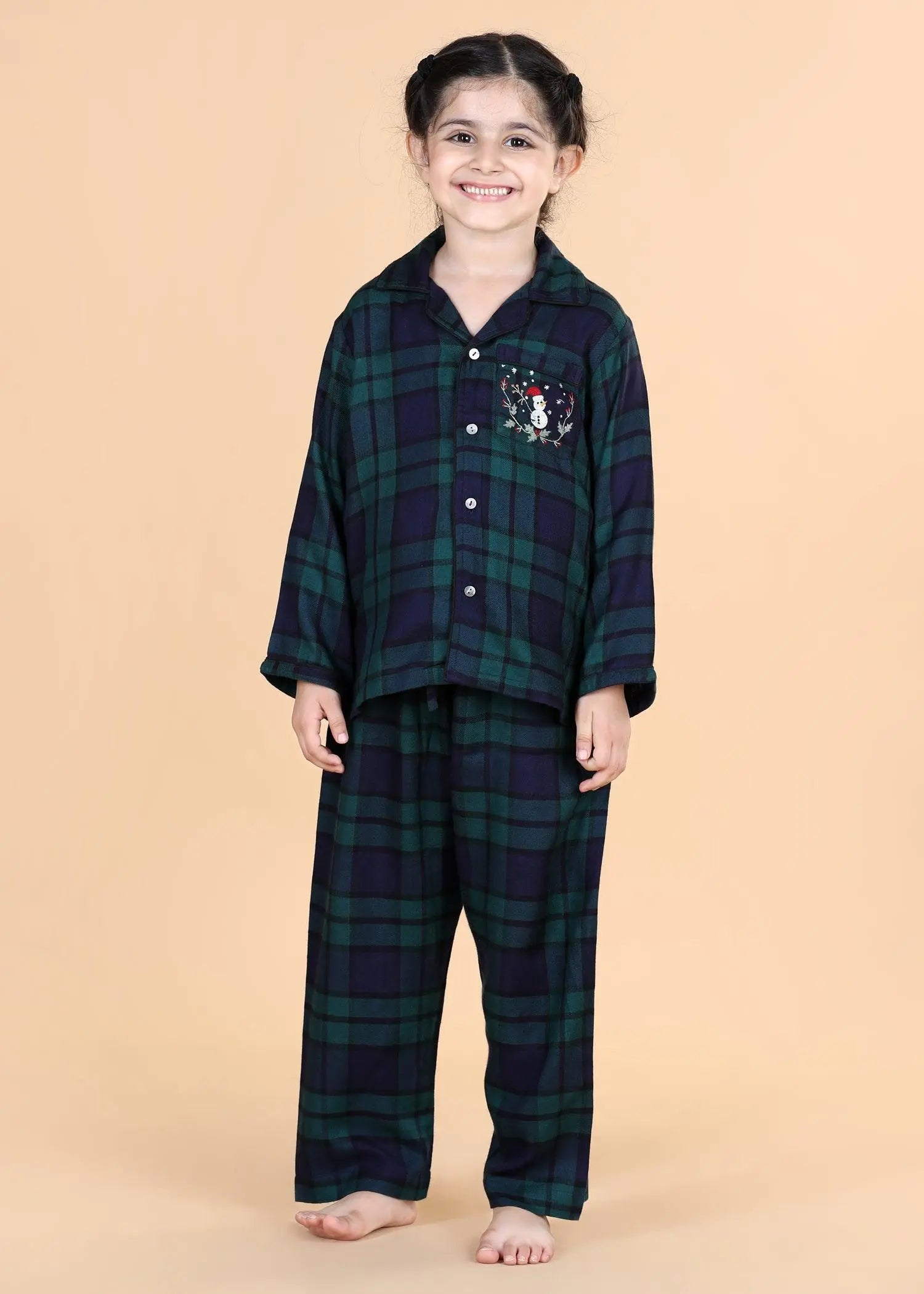 Merry Christmas Checks Teal  Full Sleeves Nighsuit Unisex (1-12 Years)