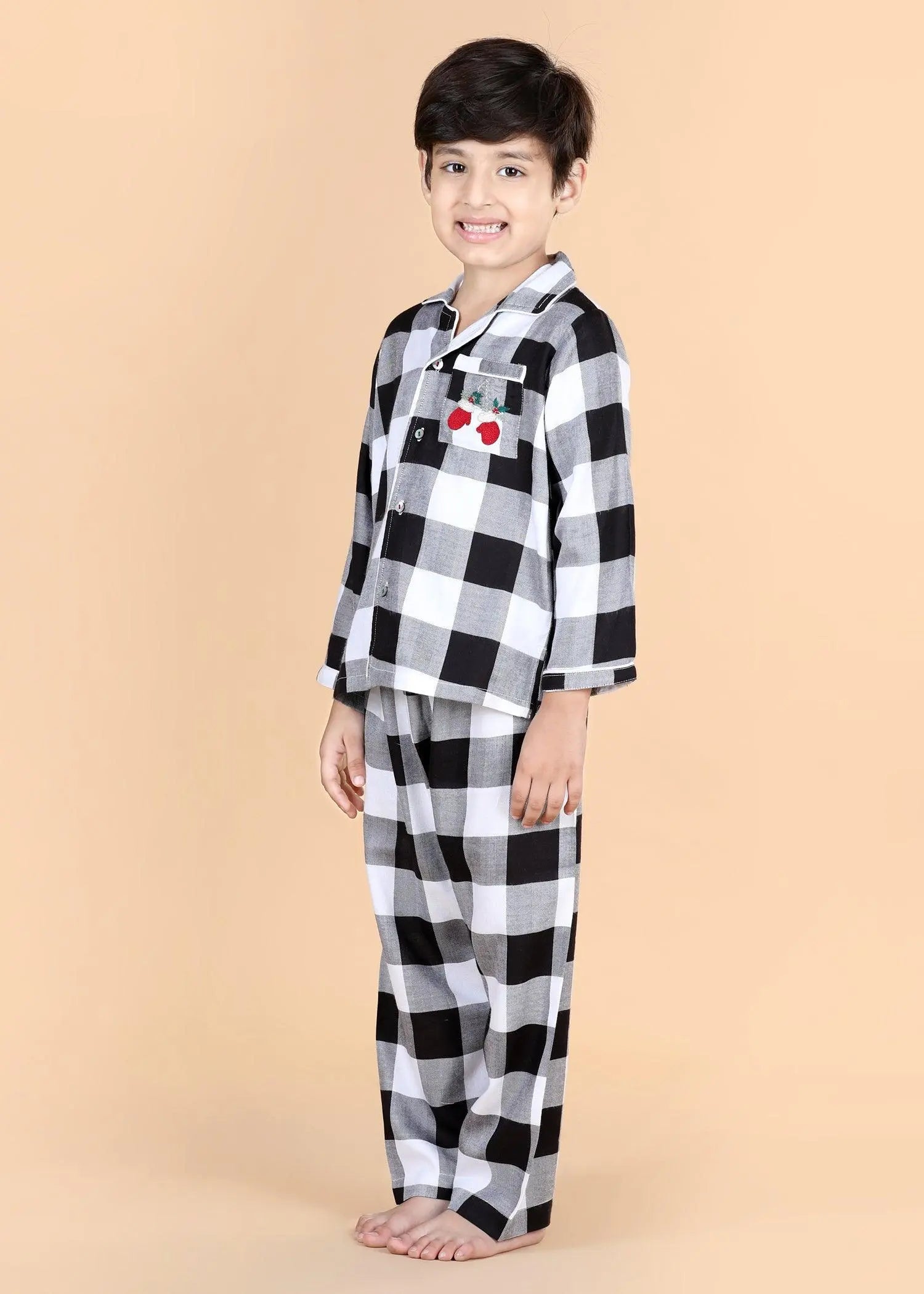 Merry Christmas Checks Black & White Full Sleeves Nighsuit Unisex (1-12 Years)