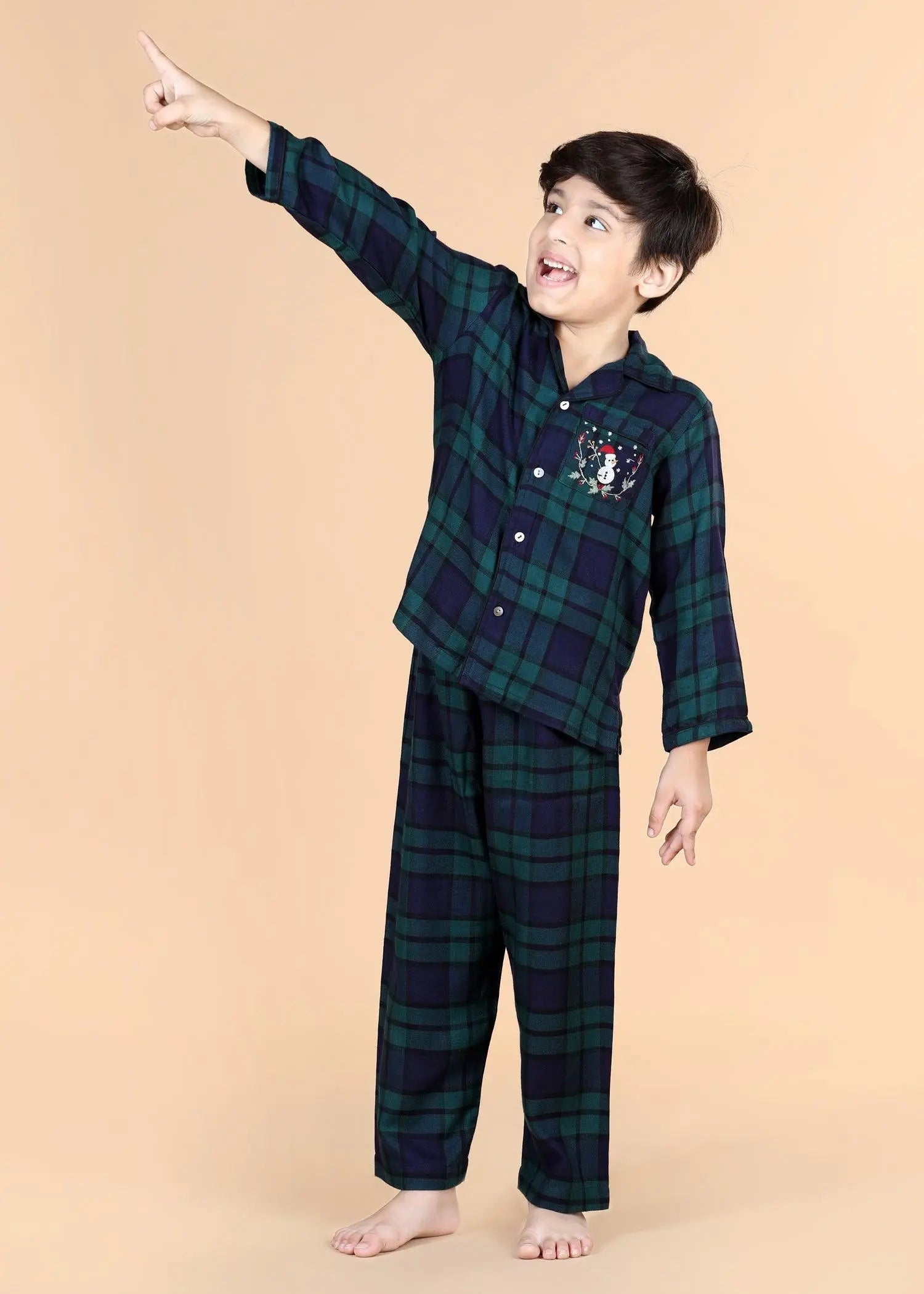 Merry Christmas Checks Teal  Full Sleeves Nighsuit Unisex (1-12 Years)