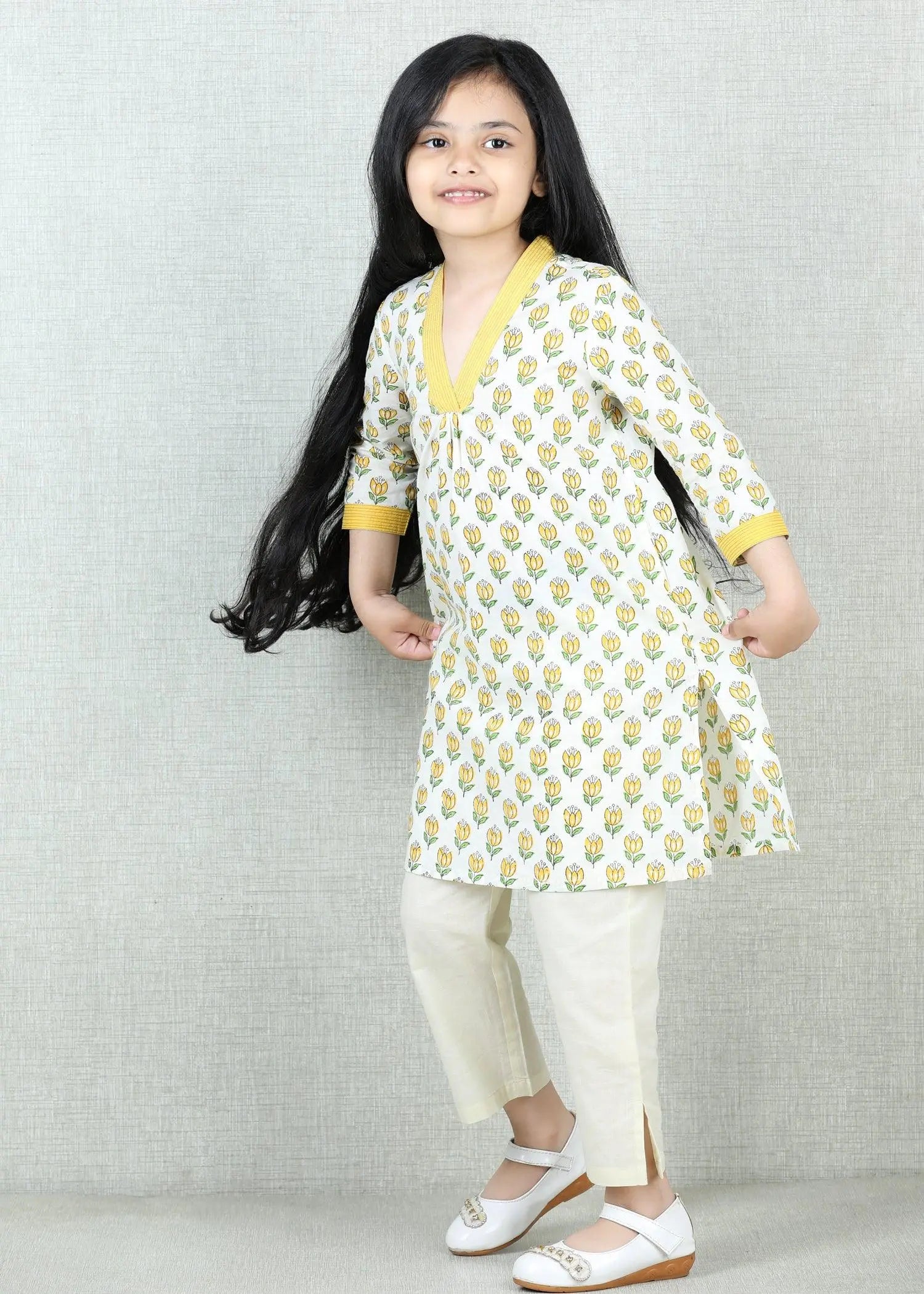 Creme Cotton V-Neck Kurta Girls (2 -12 Yrs)