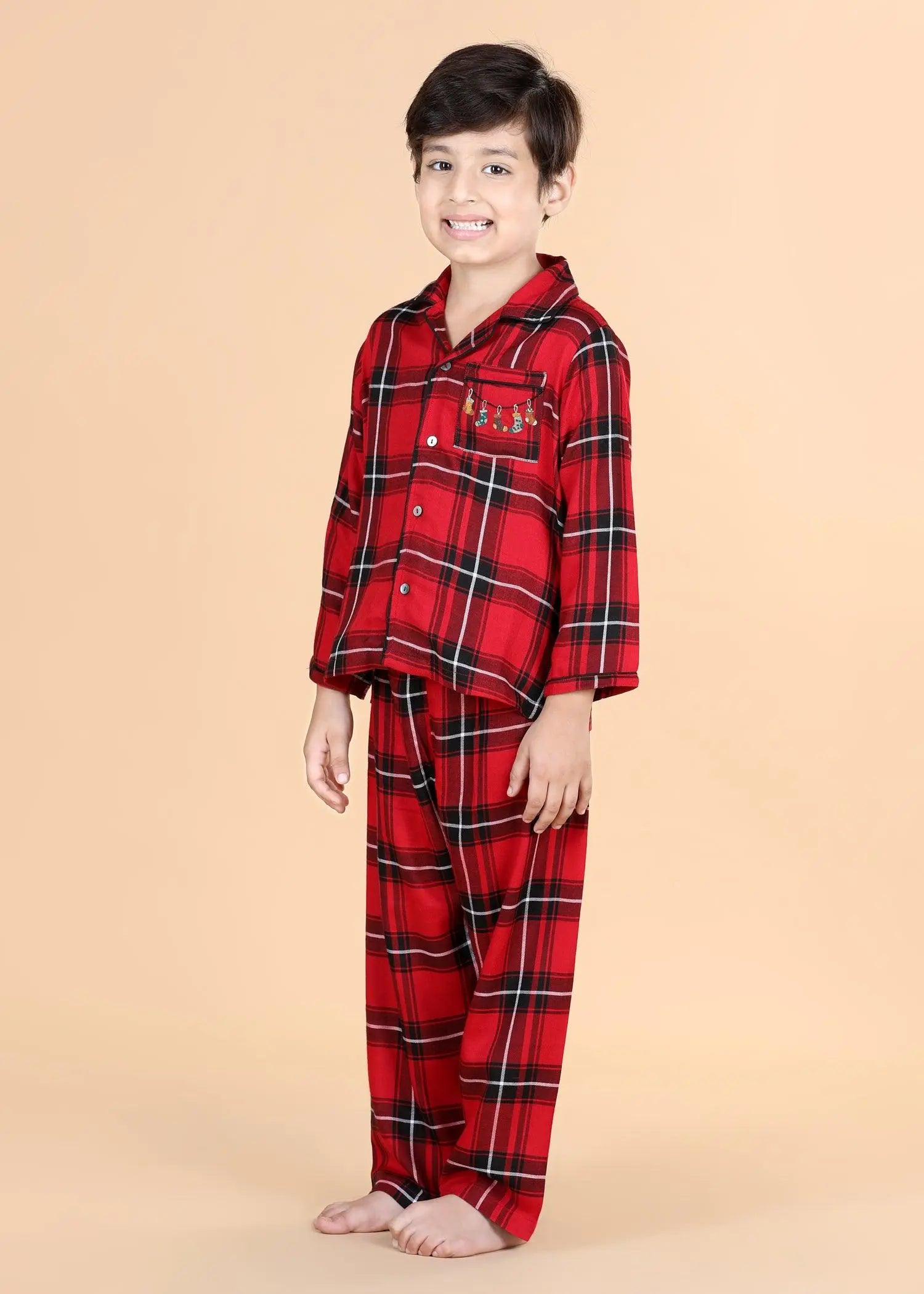 Merry Christmas Checks Red & Black Full Sleeves Nighsuit Unisex (1-12 Years)