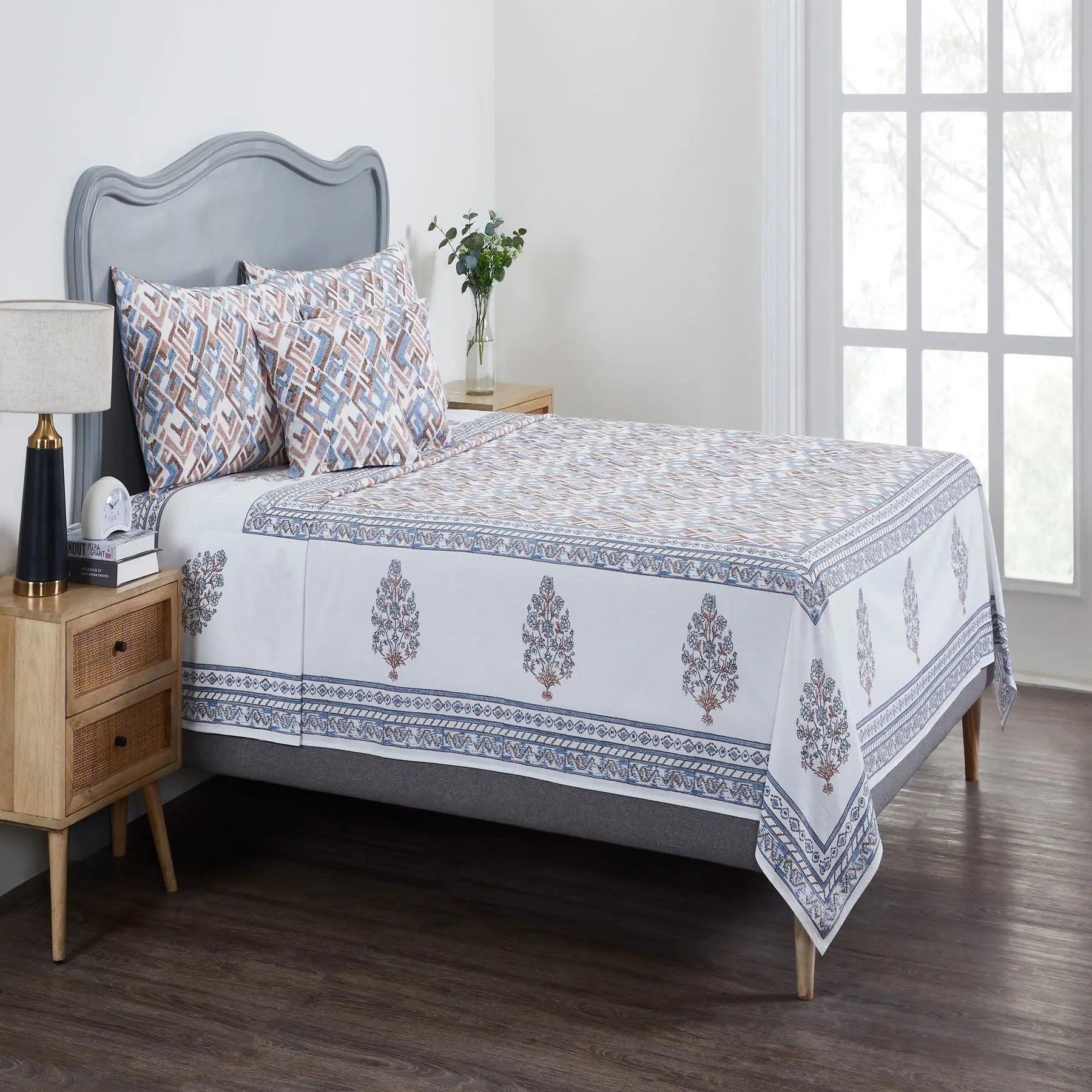 Alcissar Blue & Brown Hand Block Print Cotton Bedcover