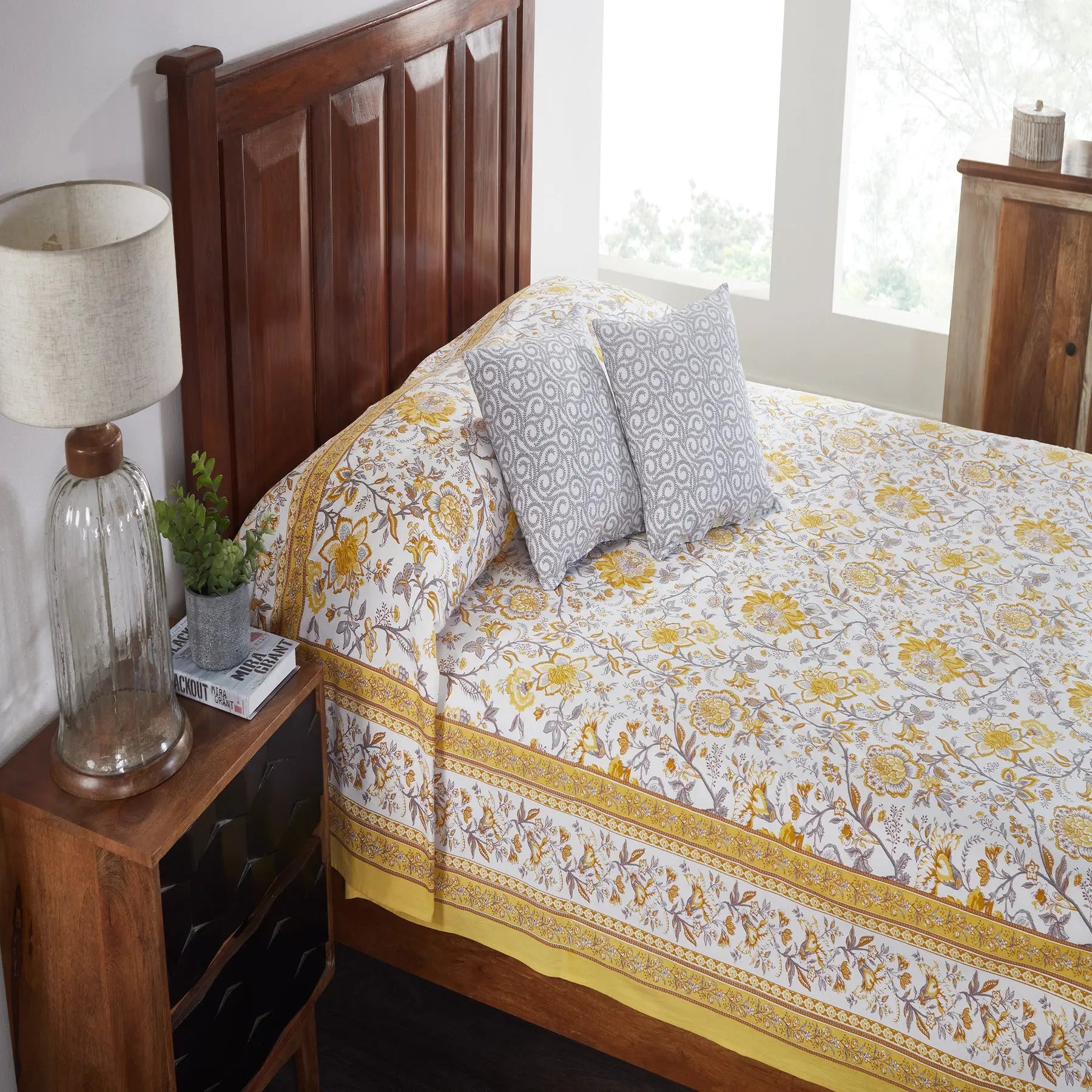 Chintz Garden Yellow Hand Screen Print Cotton Bedcover