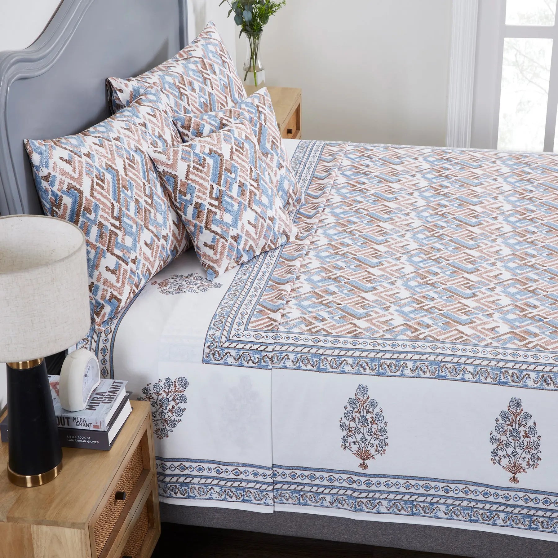 Alcissar Blue & Brown Hand Block Print Cotton Bedcover